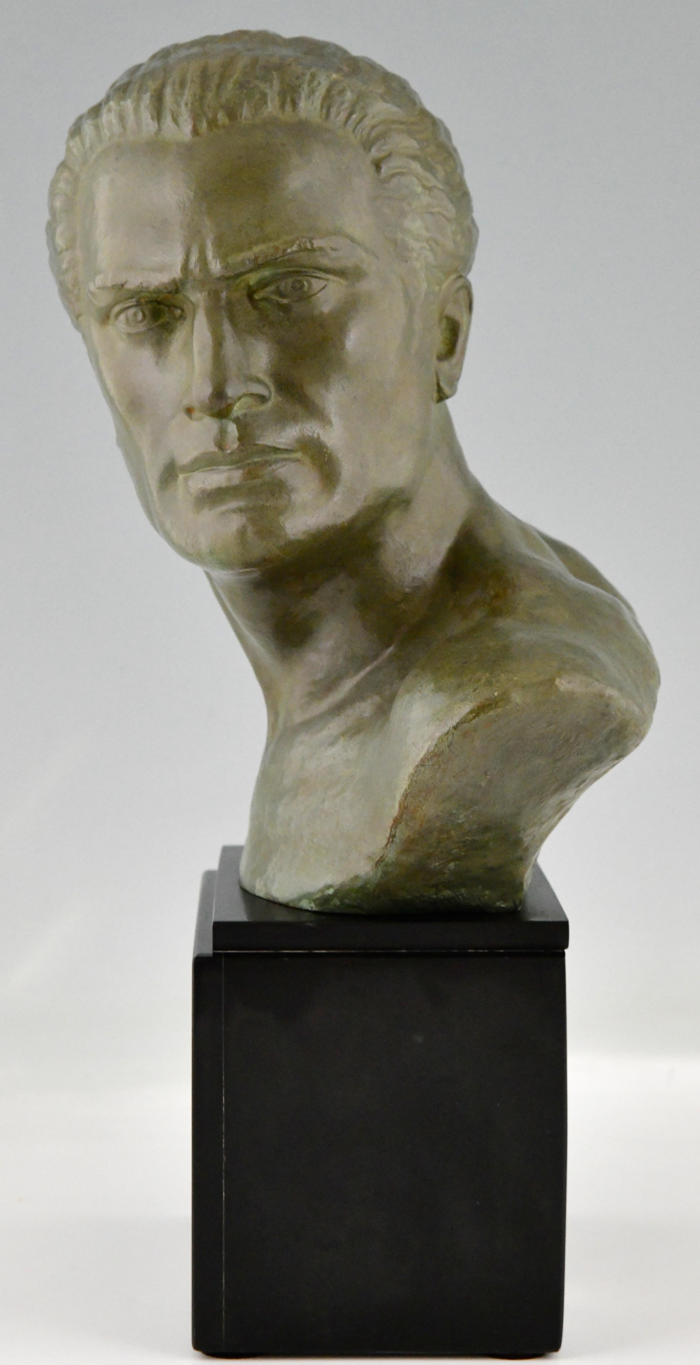 Patinated Art Deco Bronze Sculpture Male Bust Aviator Jean Mermoz by Alfred Gilbert, 1925