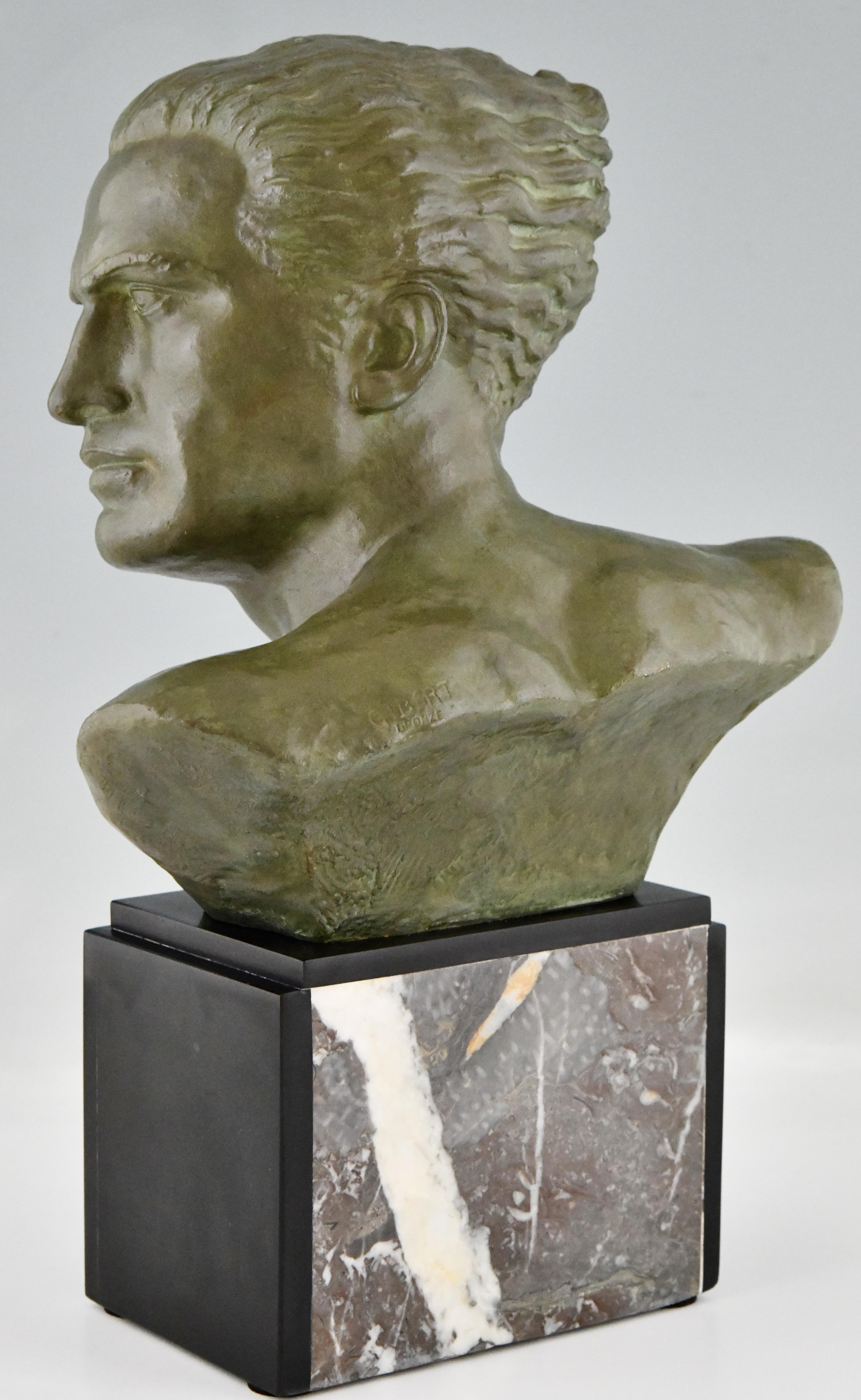Art Deco Bronze Sculpture Male Bust Aviator Jean Mermoz by Alfred Gilbert, 1925 In Good Condition In Antwerp, BE