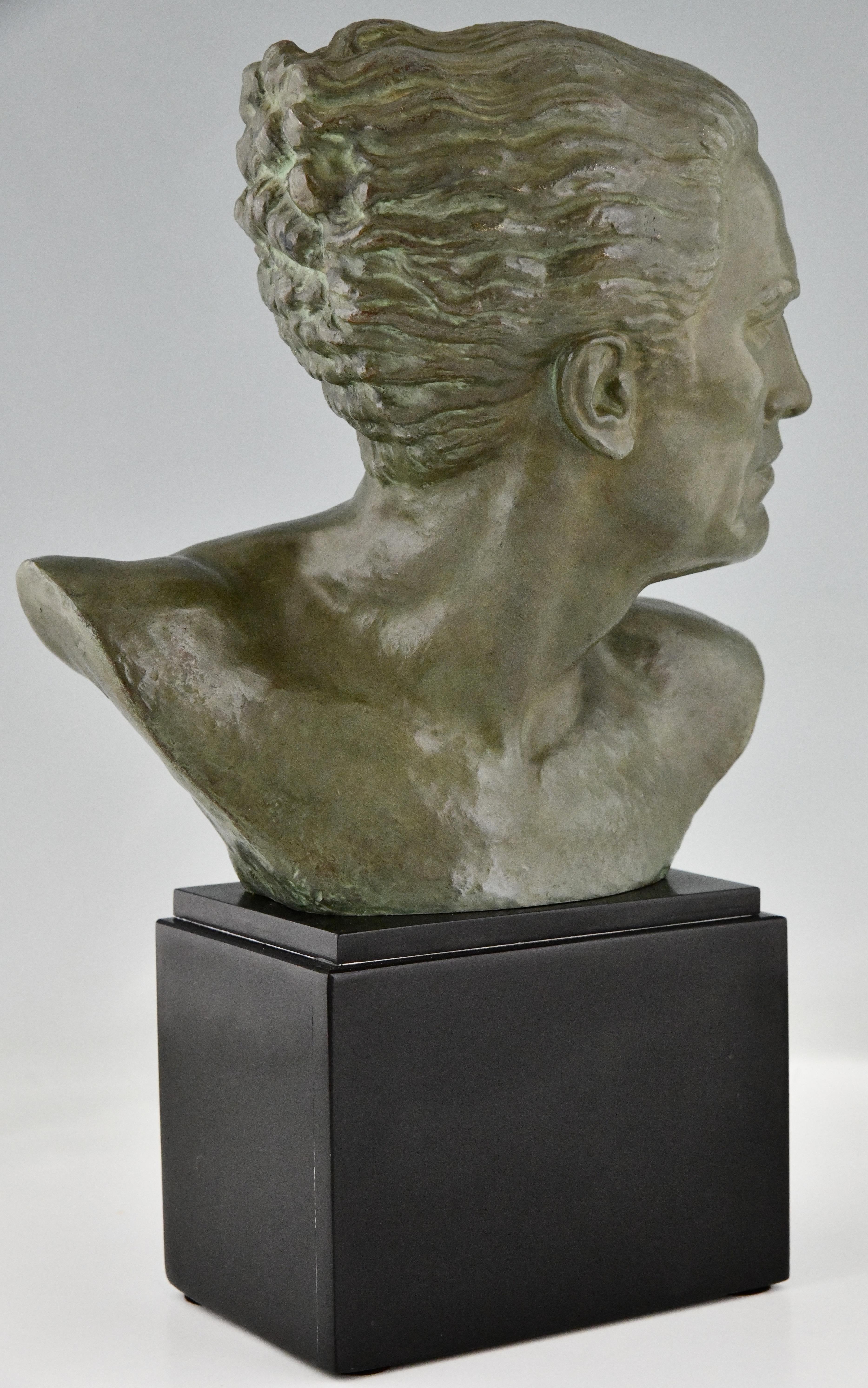 Art Deco Bronze Sculpture Male Bust Aviator Jean Mermoz by Alfred Gilbert, 1925 1