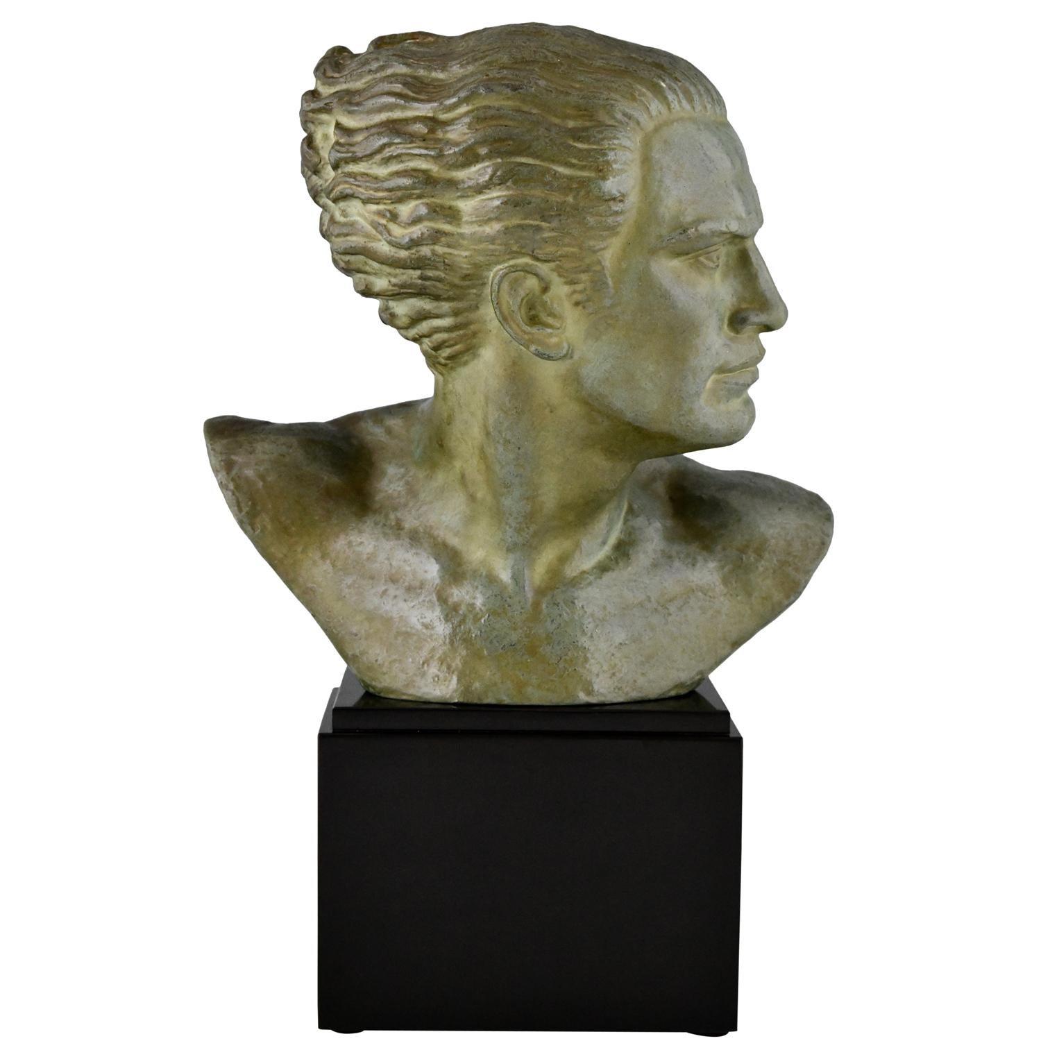 Art Deco Bronze Sculpture Male Bust Aviator Jean Mermoz by Alfred