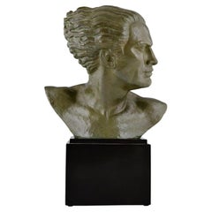 Art Deco Bronze Sculpture Male Bust Aviator Jean Mermoz by Alfred Gilbert, 1925