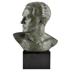 Art Deco Bronze Sculpture Male Bust Aviator Jean Mermoz by Alfred Gilbert 1925