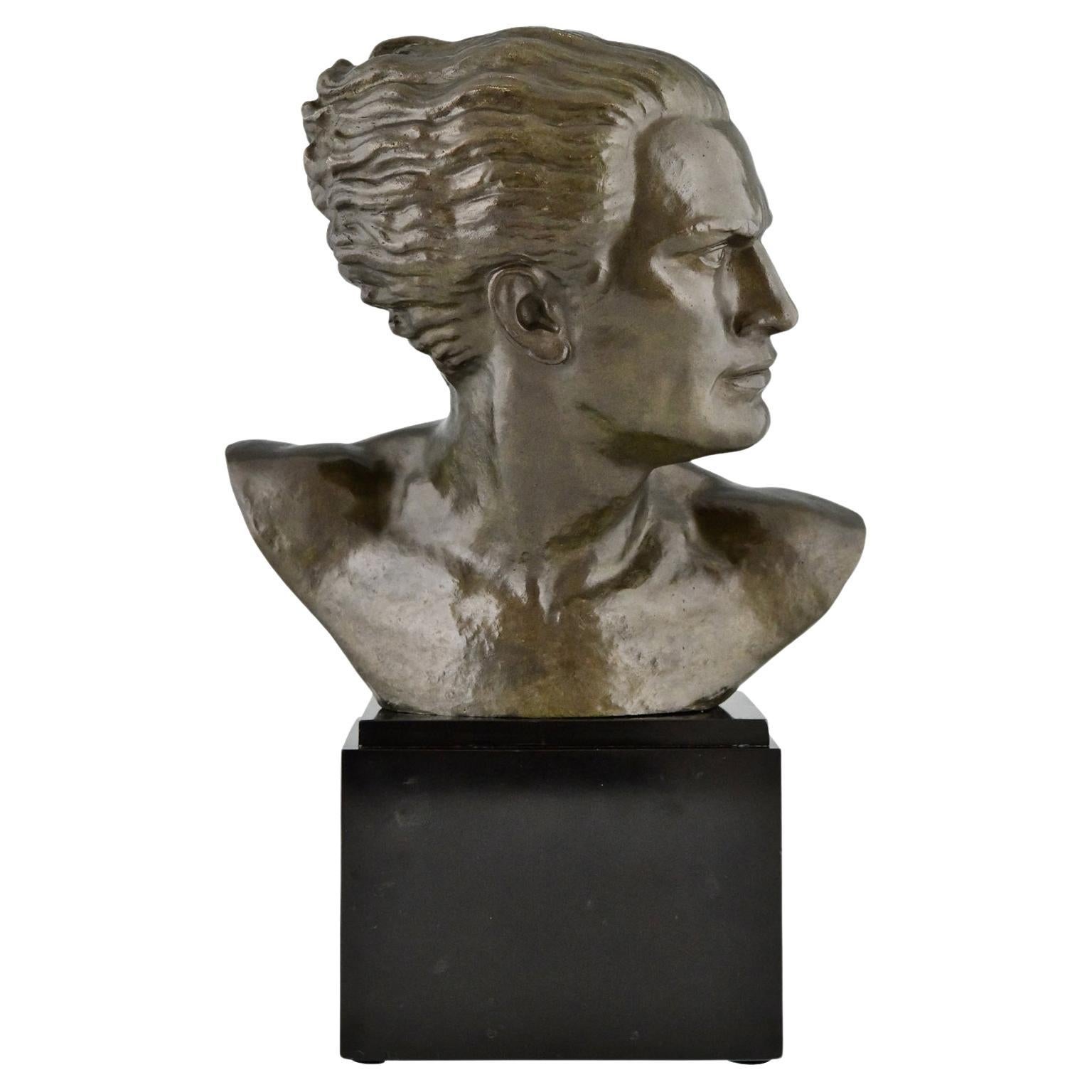 Art Deco Bronze Sculpture Male Bust Aviator Jean Mermoz by Lucien Gibert, 1925