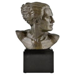 Art Deco Bronze Sculpture Male Bust Aviator Jean Mermoz by Lucien Gibert, 1925