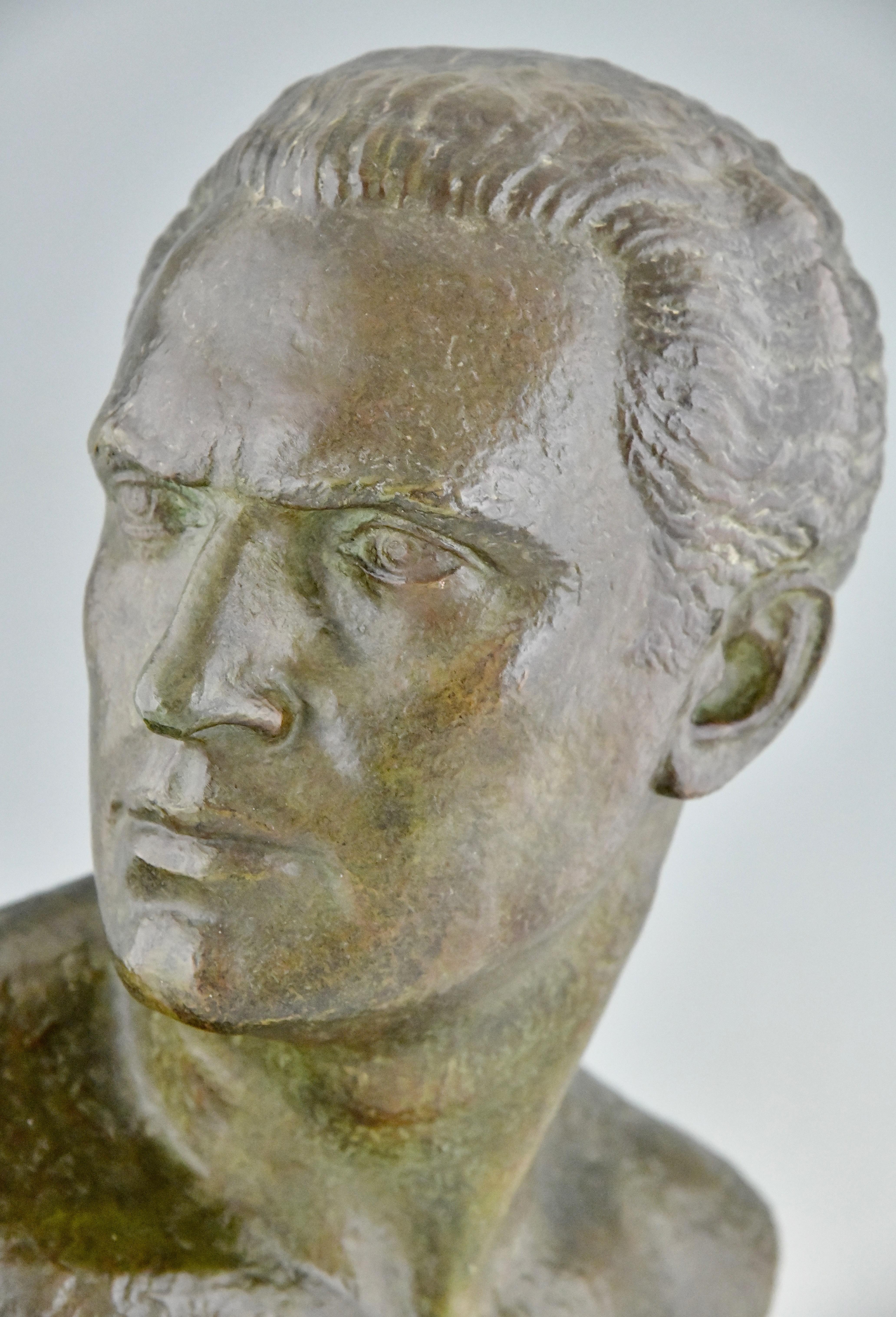 Art Deco bronze sculpture male bust aviator Jean Mermoz by Lucien Gibert.  5