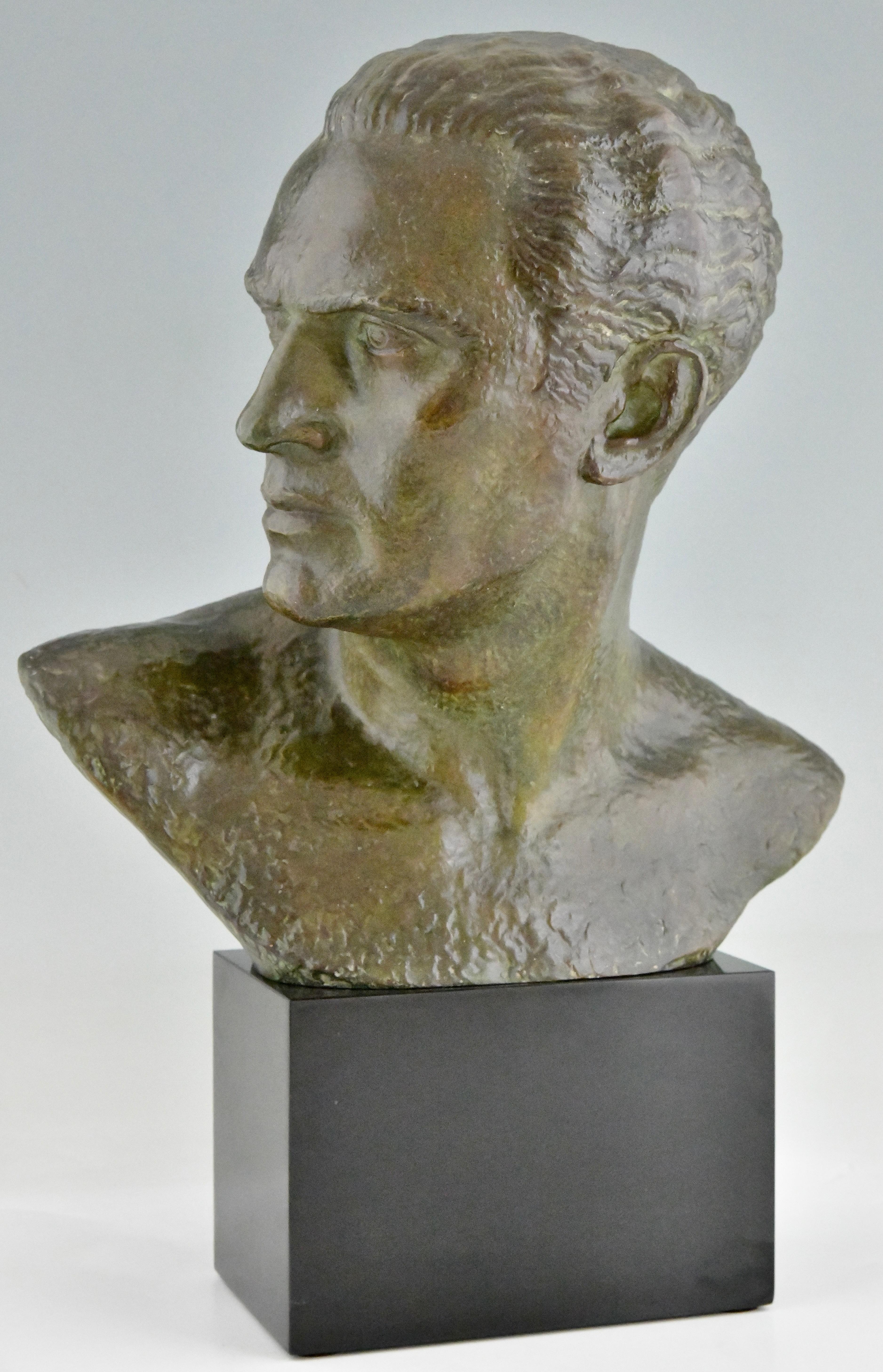 French Art Deco bronze sculpture male bust aviator Jean Mermoz by Lucien Gibert. 