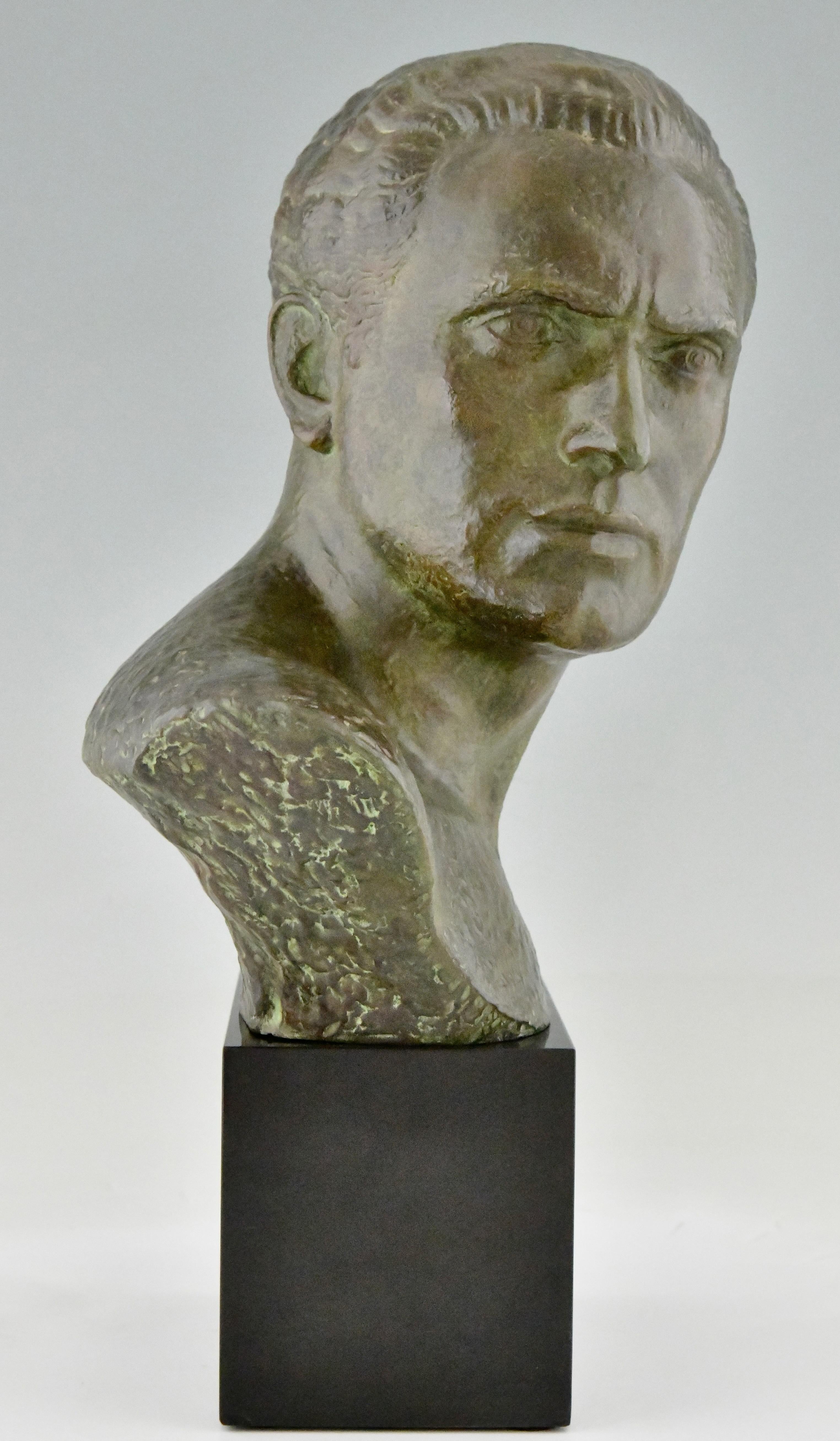 Early 20th Century Art Deco bronze sculpture male bust aviator Jean Mermoz by Lucien Gibert. 