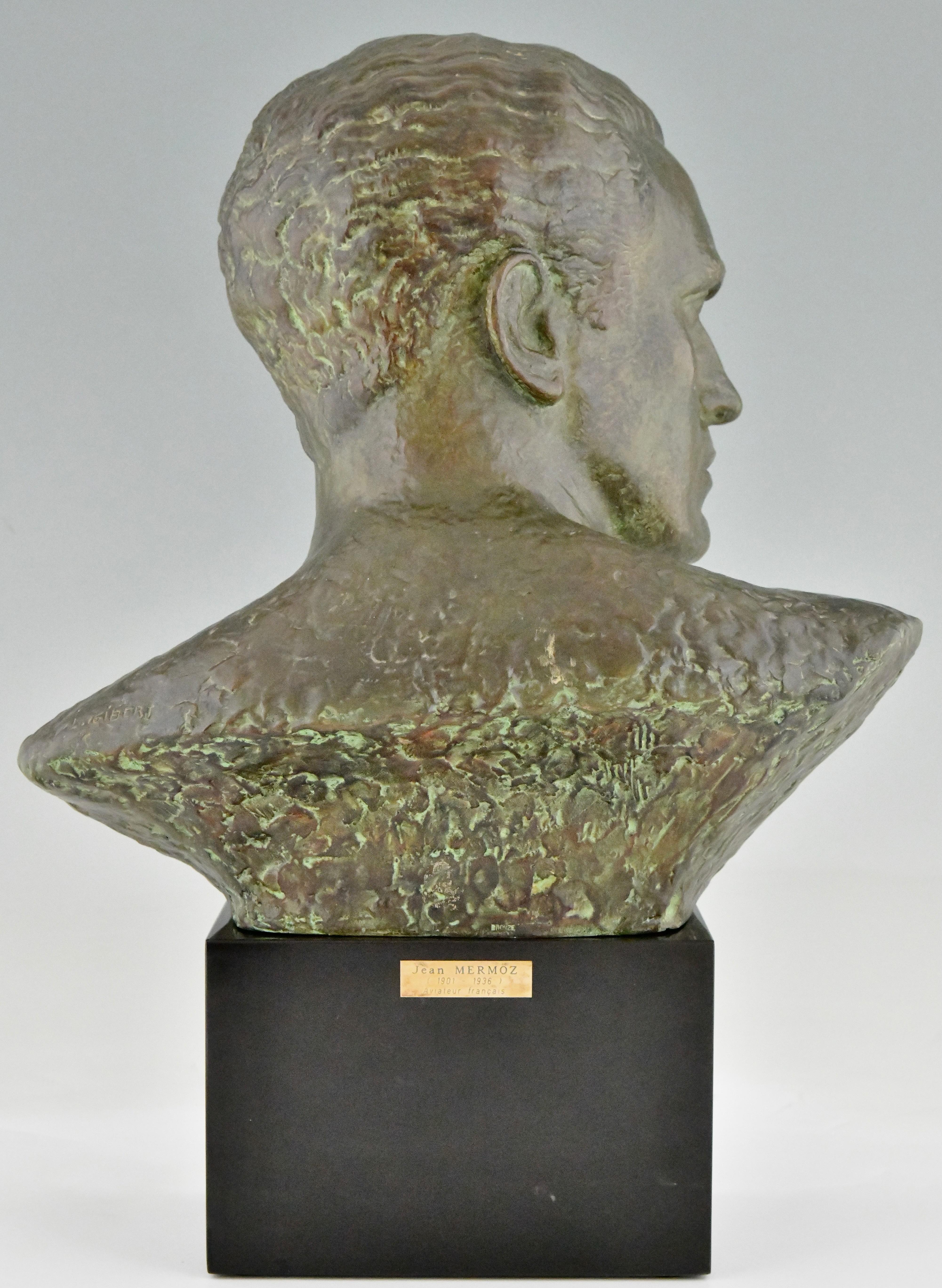 Bronze Art Deco bronze sculpture male bust aviator Jean Mermoz by Lucien Gibert.