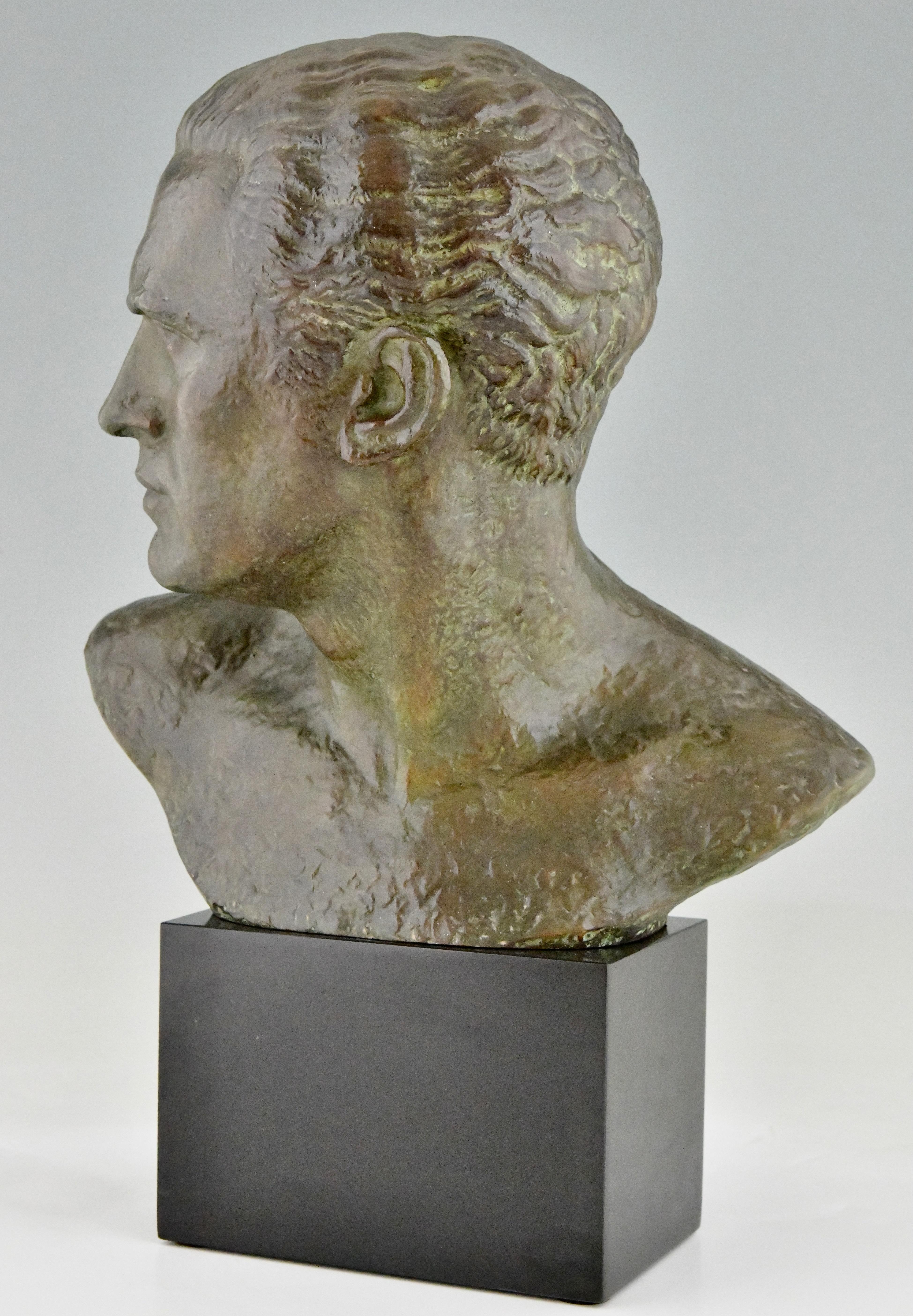 Art Deco bronze sculpture male bust aviator Jean Mermoz by Lucien Gibert.  2