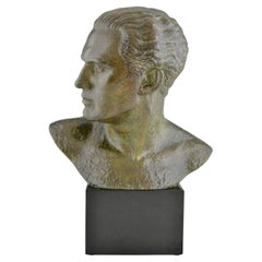 Antique Art Deco bronze sculpture male bust aviator Jean Mermoz by Lucien Gibert. 