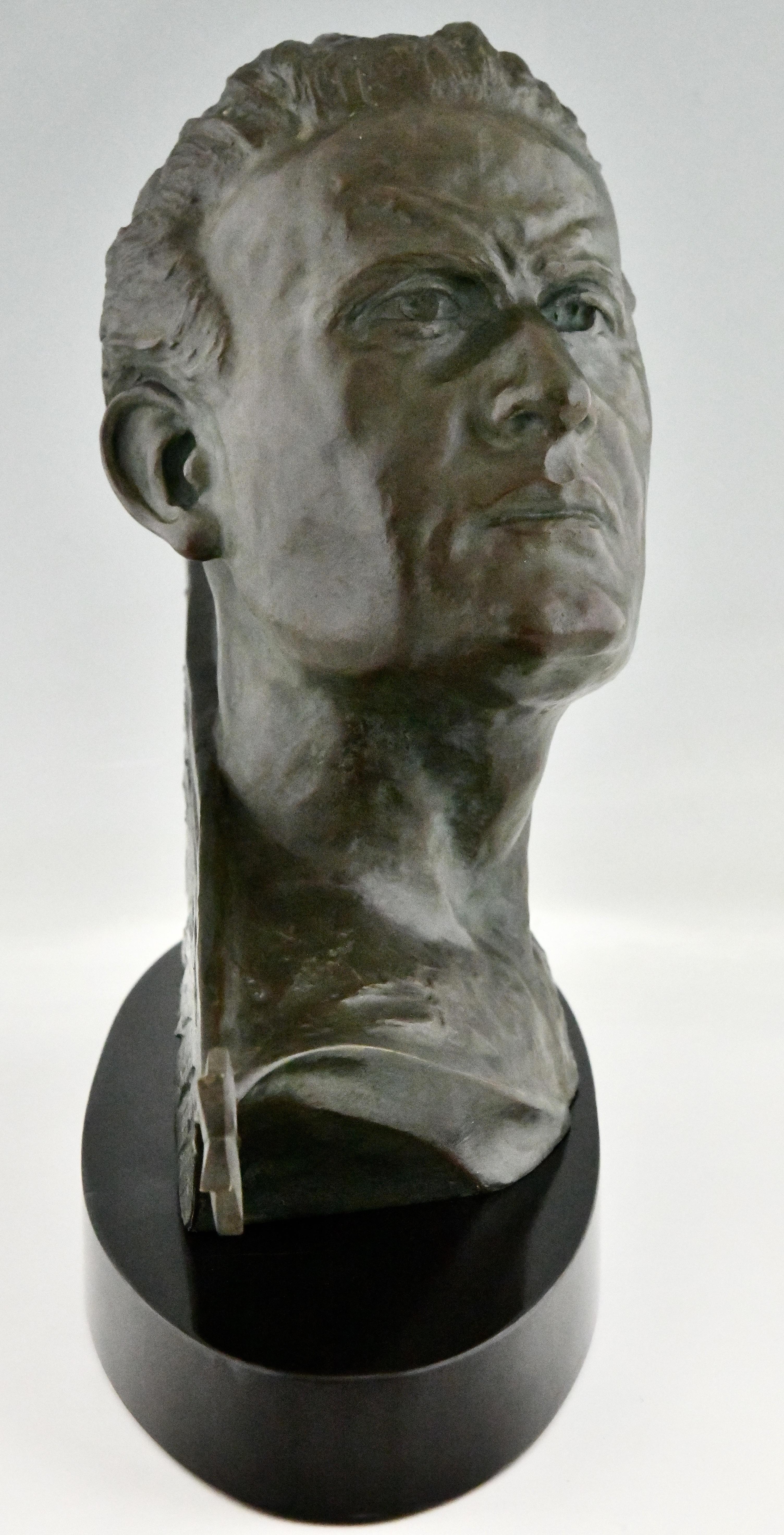 French Art Deco Bronze Sculpture Male Bust of Aviator Jean Mermoz by Frederic Focht