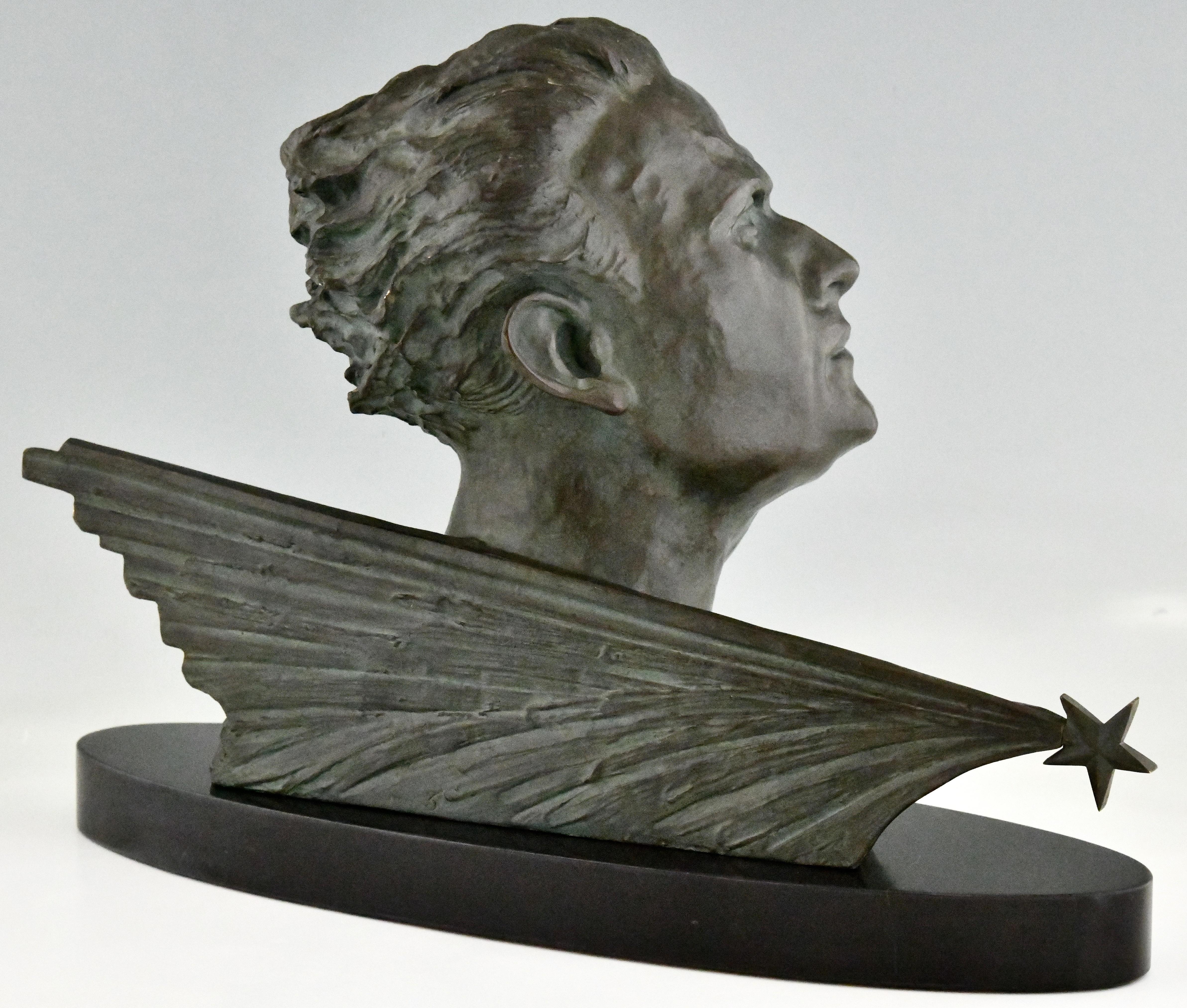 Patinated Art Deco Bronze Sculpture Male Bust of Aviator Jean Mermoz by Frederic Focht