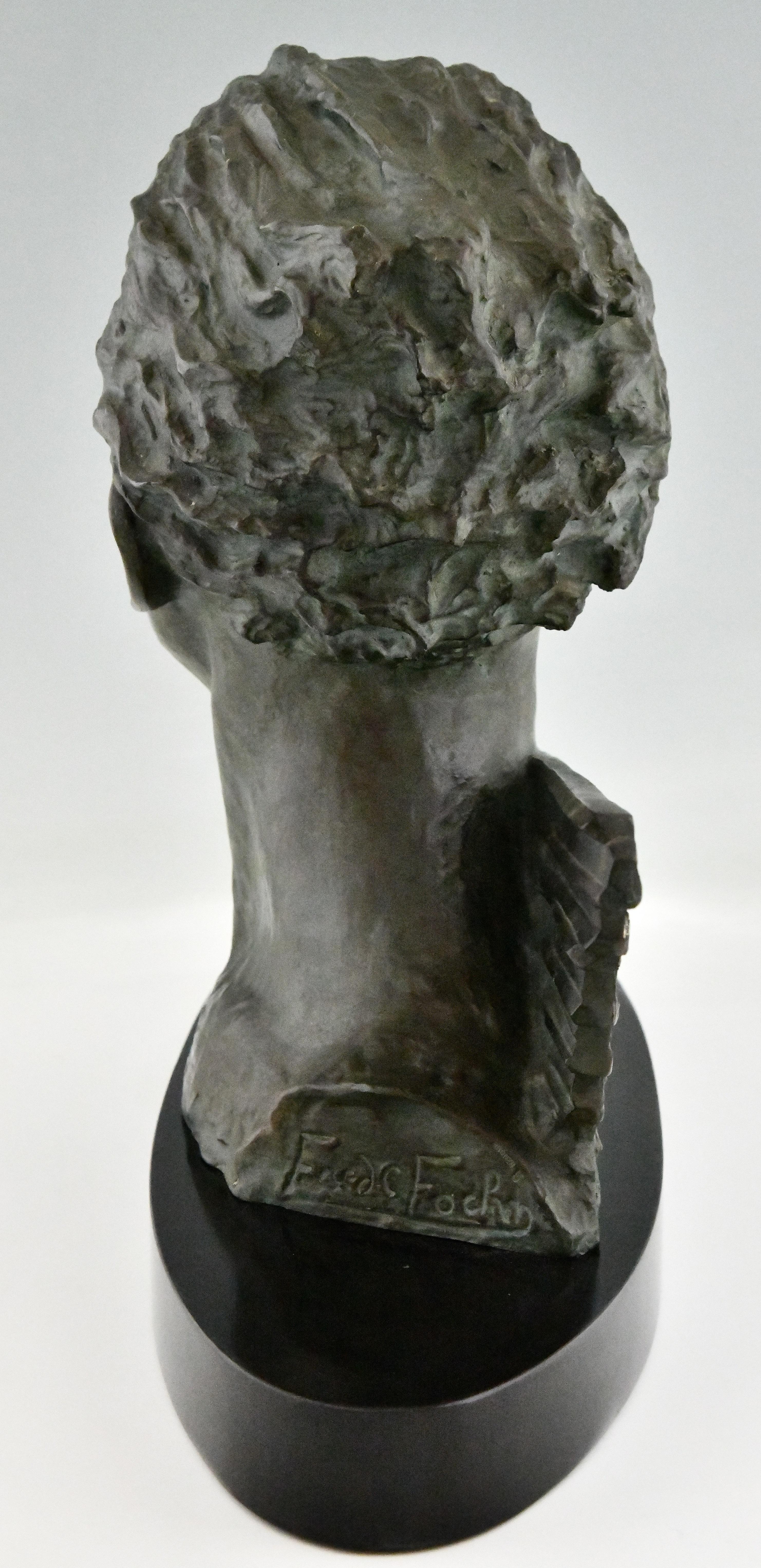 Mid-20th Century Art Deco Bronze Sculpture Male Bust of Aviator Jean Mermoz by Frederic Focht