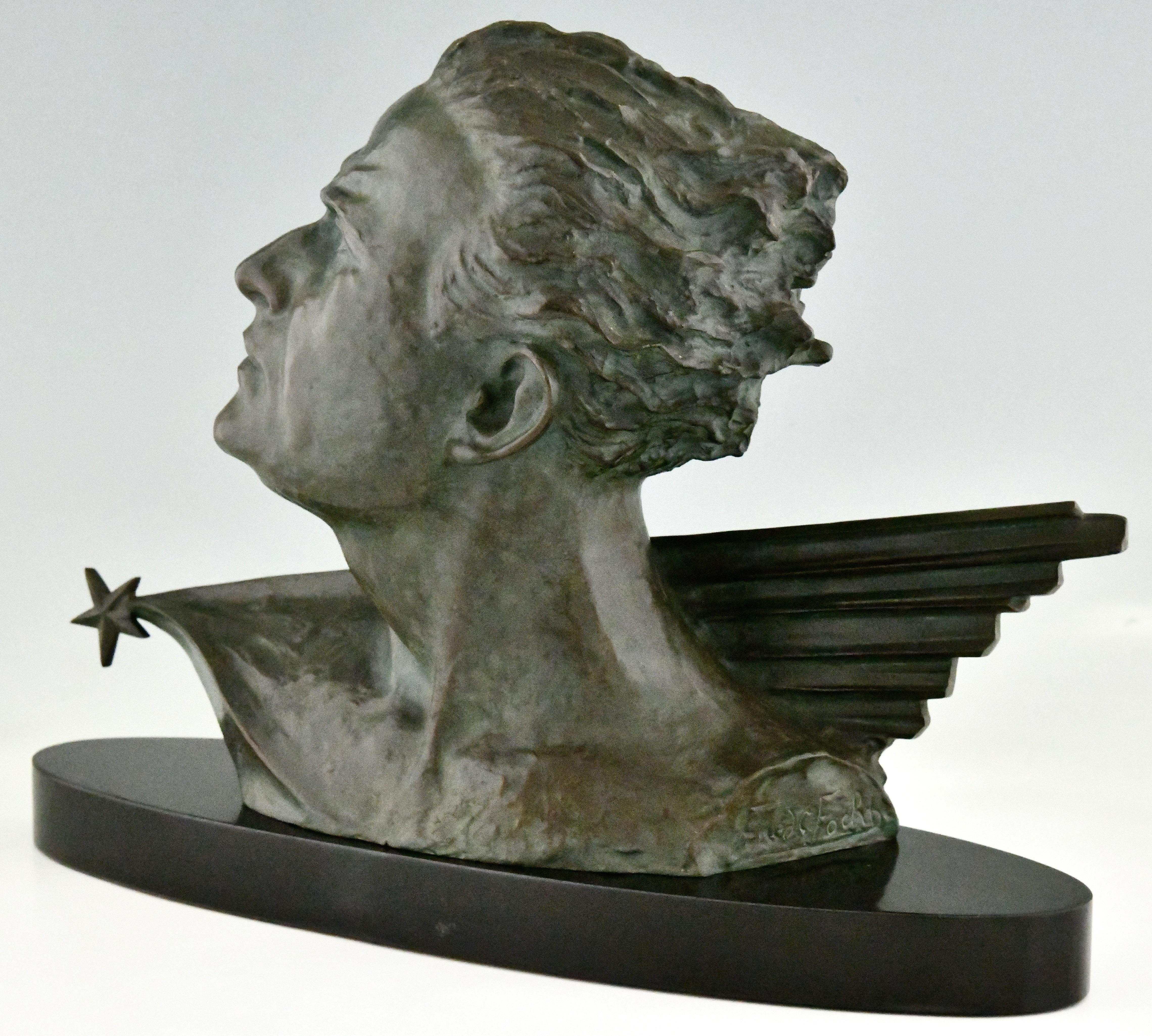 Art Deco Bronze Sculpture Male Bust of Aviator Jean Mermoz by Frederic Focht 1