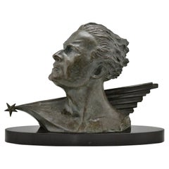 Buste masculin d'aviateur Jean Mermoz en sculpture en bronze Art Déco par Frederic Focht