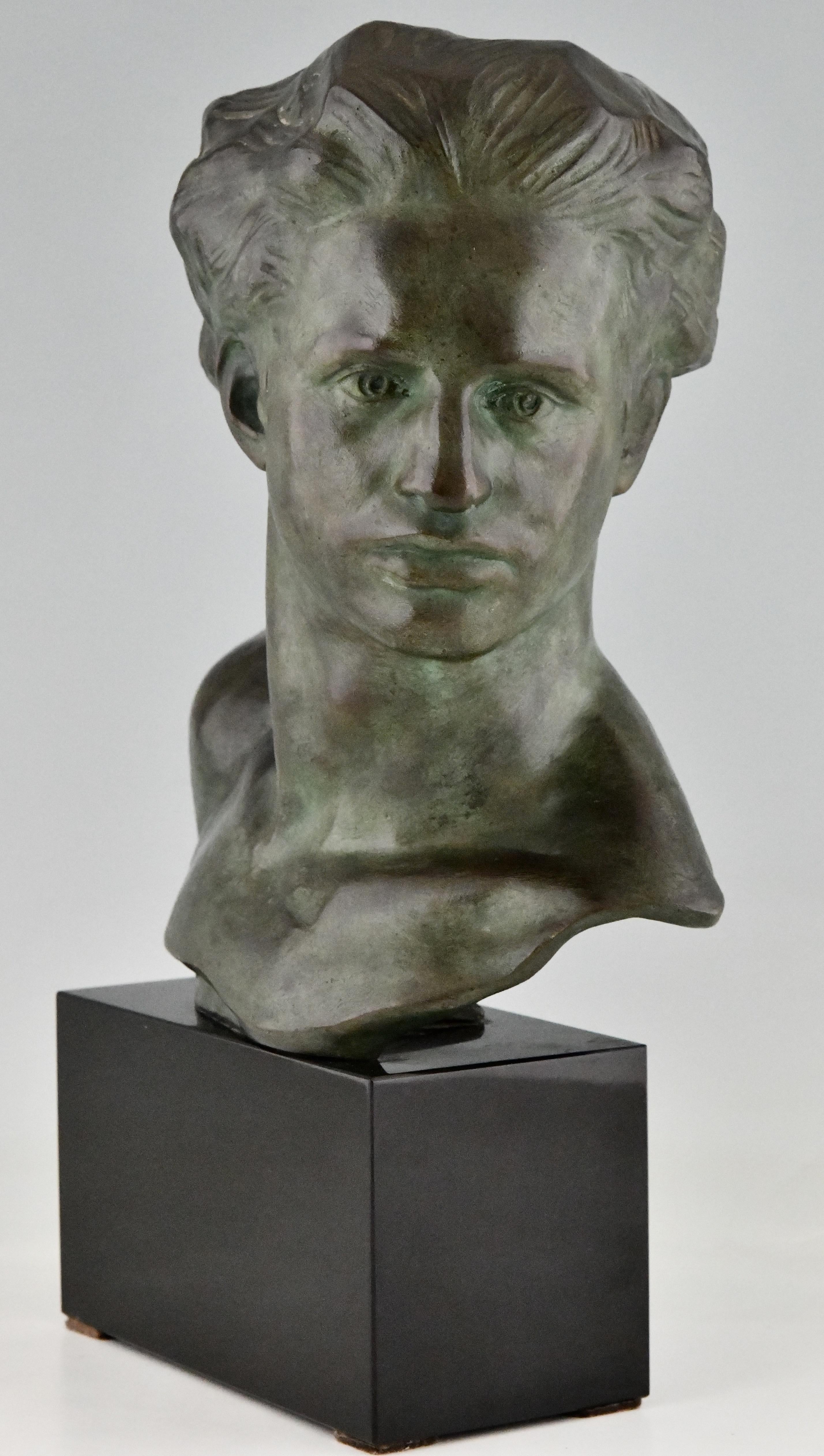 Patinated Art Deco Bronze Sculpture Male Bust of the Aviator Jean Mermoz by G. Gori, 1930