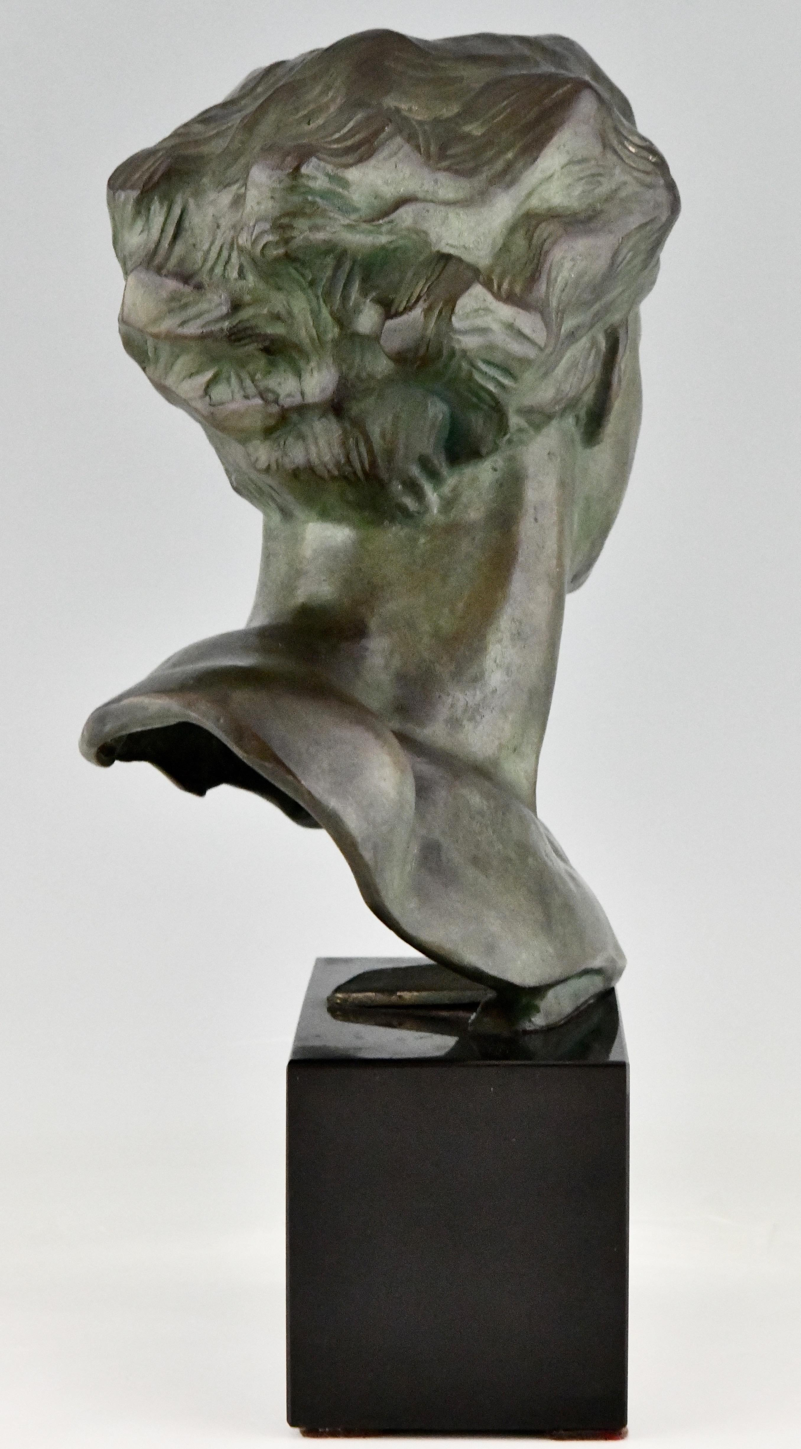 Belgian Black Marble Art Deco Bronze Sculpture Male Bust of the Aviator Jean Mermoz by G. Gori, 1930