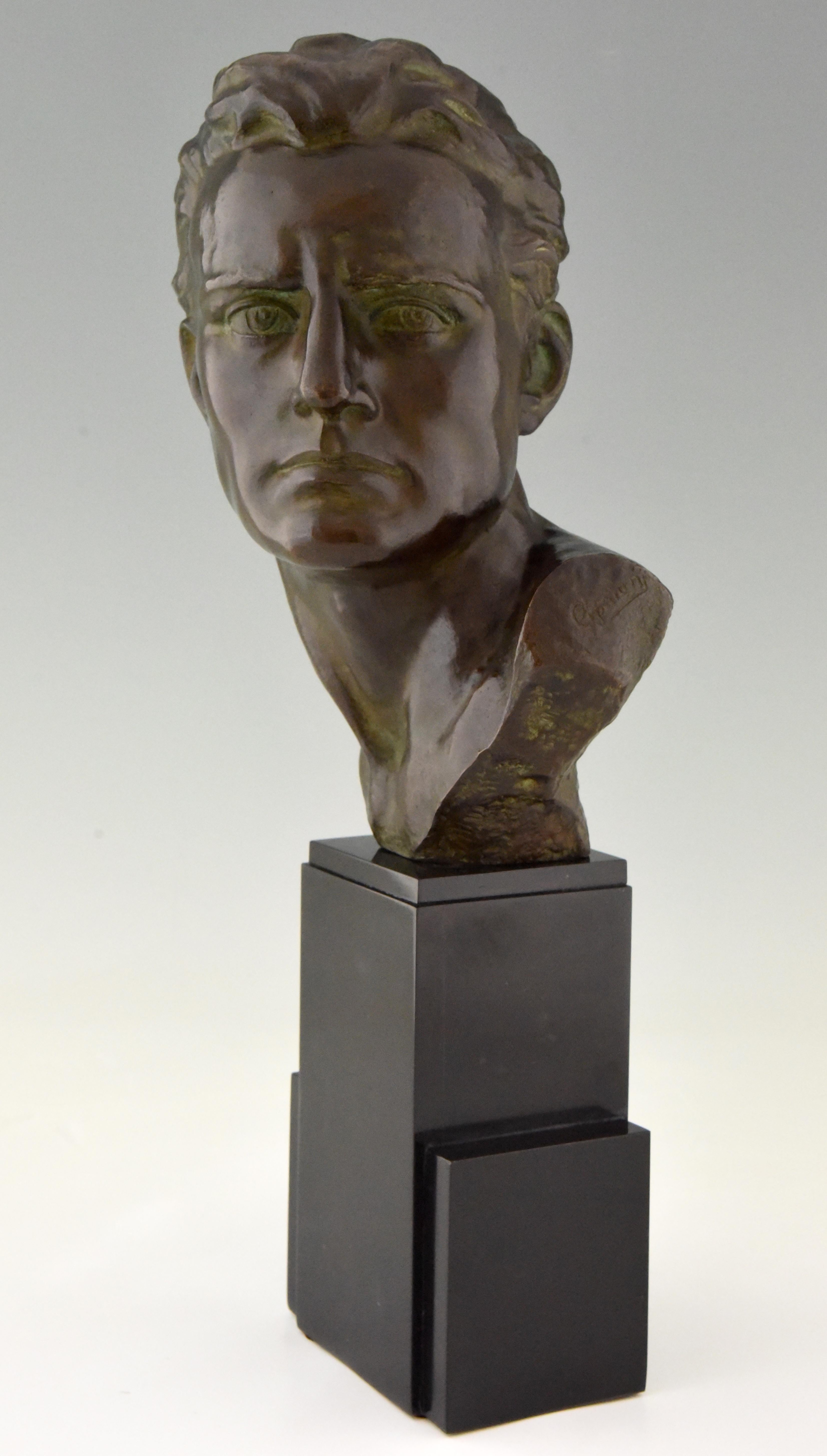 French Art Deco Bronze Sculpture Male Bust Ugo Cipriani, France, 1930