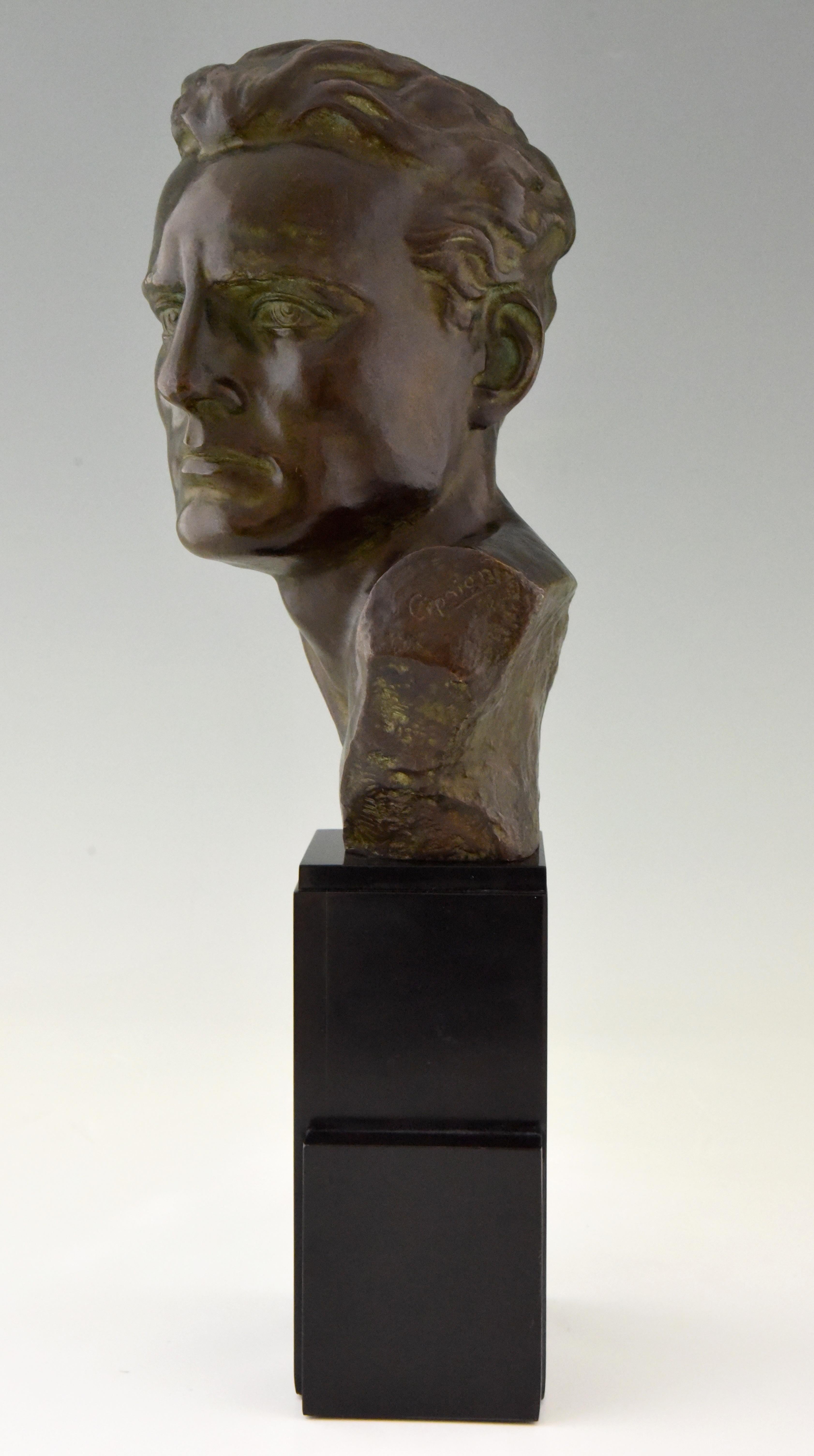 Patinated Art Deco Bronze Sculpture Male Bust Ugo Cipriani, France, 1930