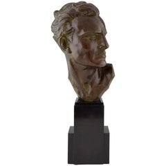 Art Deco Bronze Sculpture Male Bust Ugo Cipriani, France, 1930