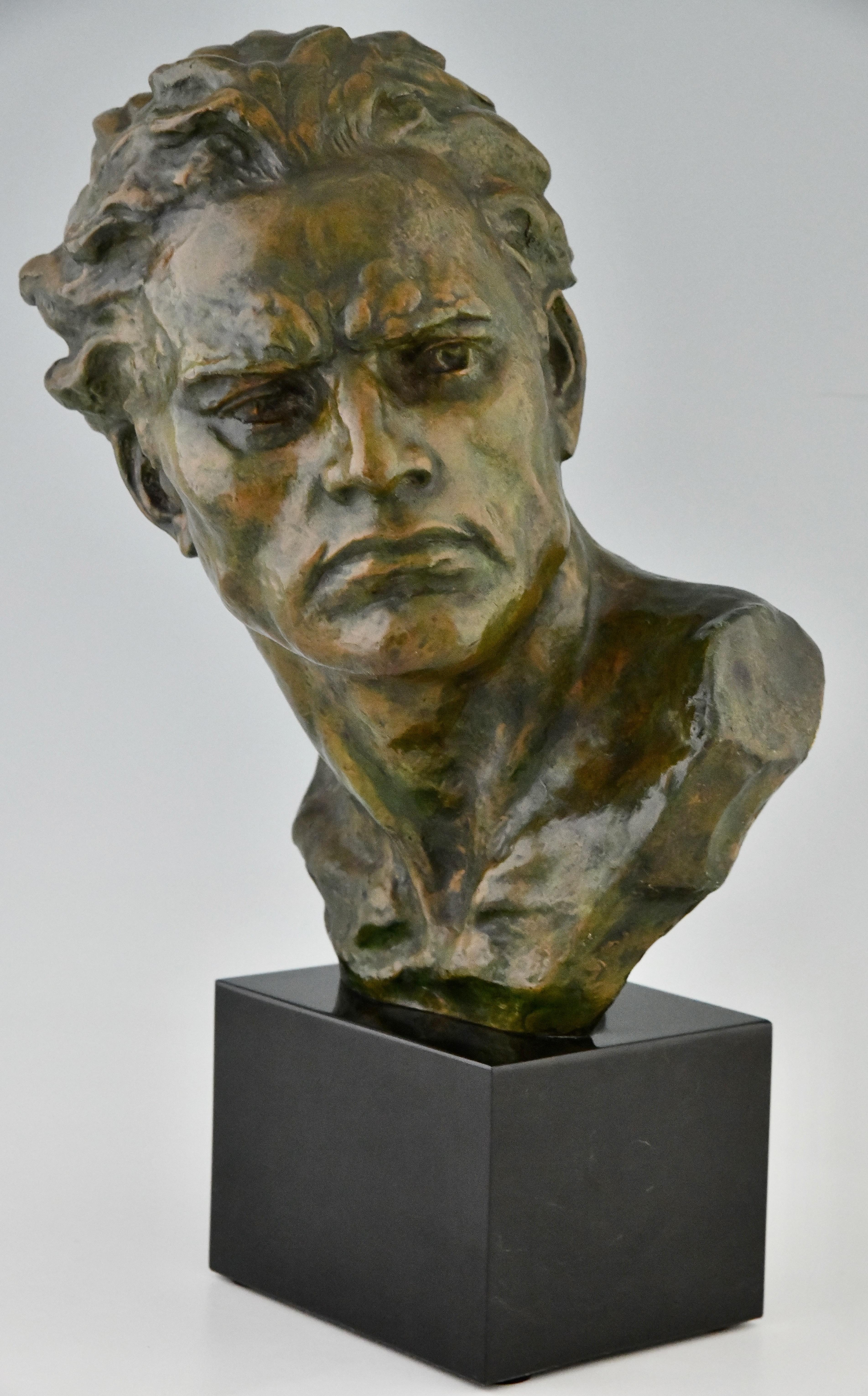 French Art Deco Bronze Sculpture Male Bust Ugo Cipriani on marnel base France 1930 For Sale