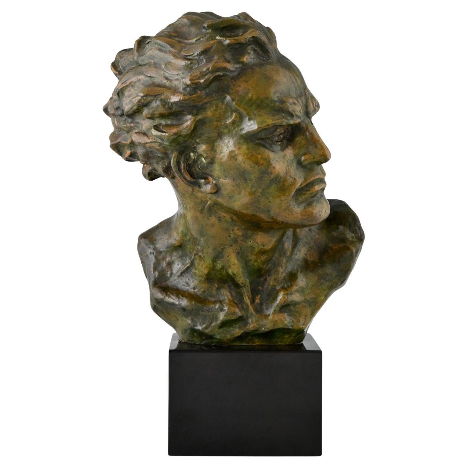 Art Deco Bronze Sculpture Male Bust Ugo Cipriani on marnel base France 1930 For Sale