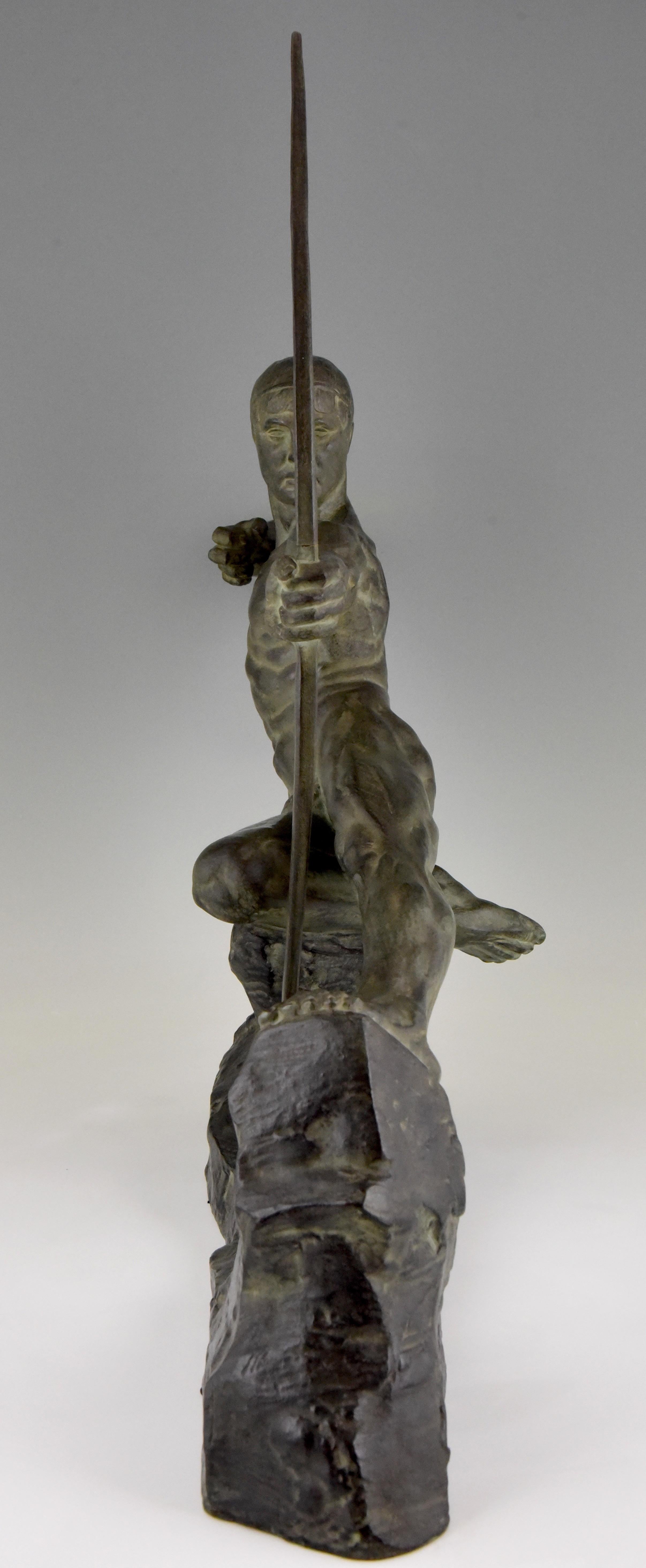 Belgian Art Deco Bronze Sculpture Male Nude Archer Hercules Victor Demanet 1925 For Sale