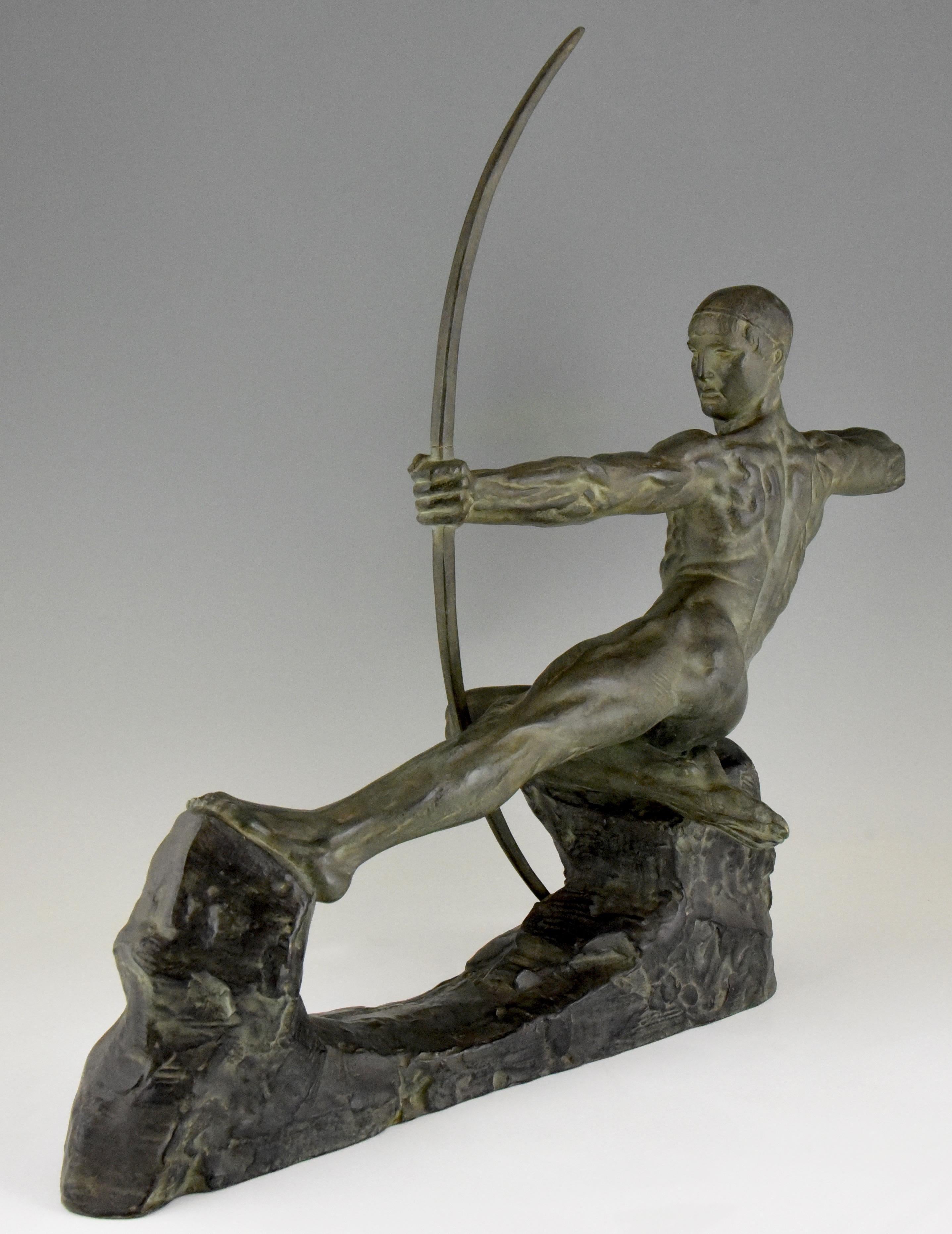 Patinated Art Deco Bronze Sculpture Male Nude Archer Hercules Victor Demanet 1925 For Sale