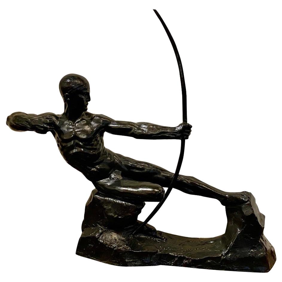 Art-Déco-Bronze-Skulptur männlicher nackter Bogenschütze Herkules Victor Demanet, 1925