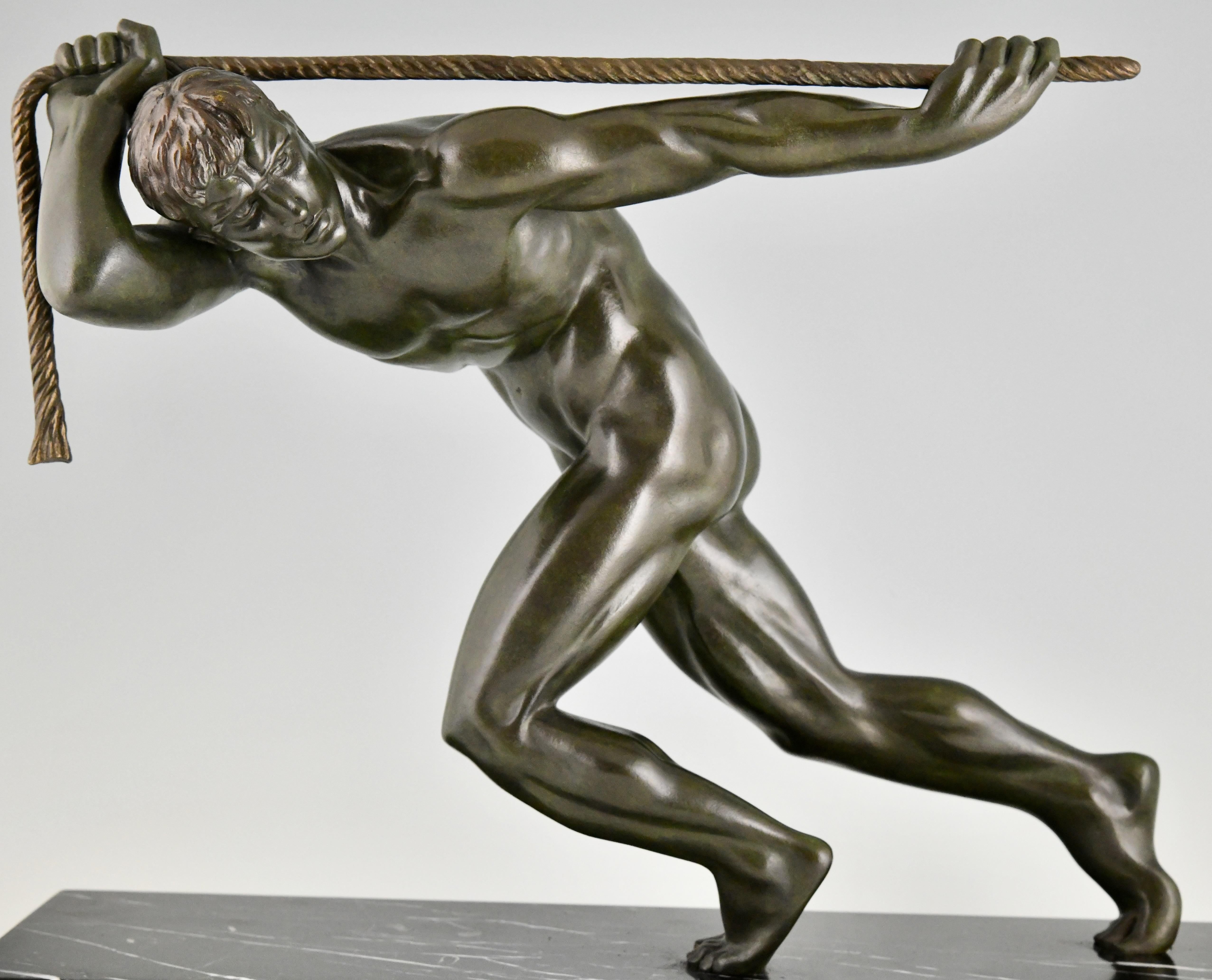 Art deco bronze sculpture male nude athlete by Maurice Guiraud Rivière 1930 For Sale 3