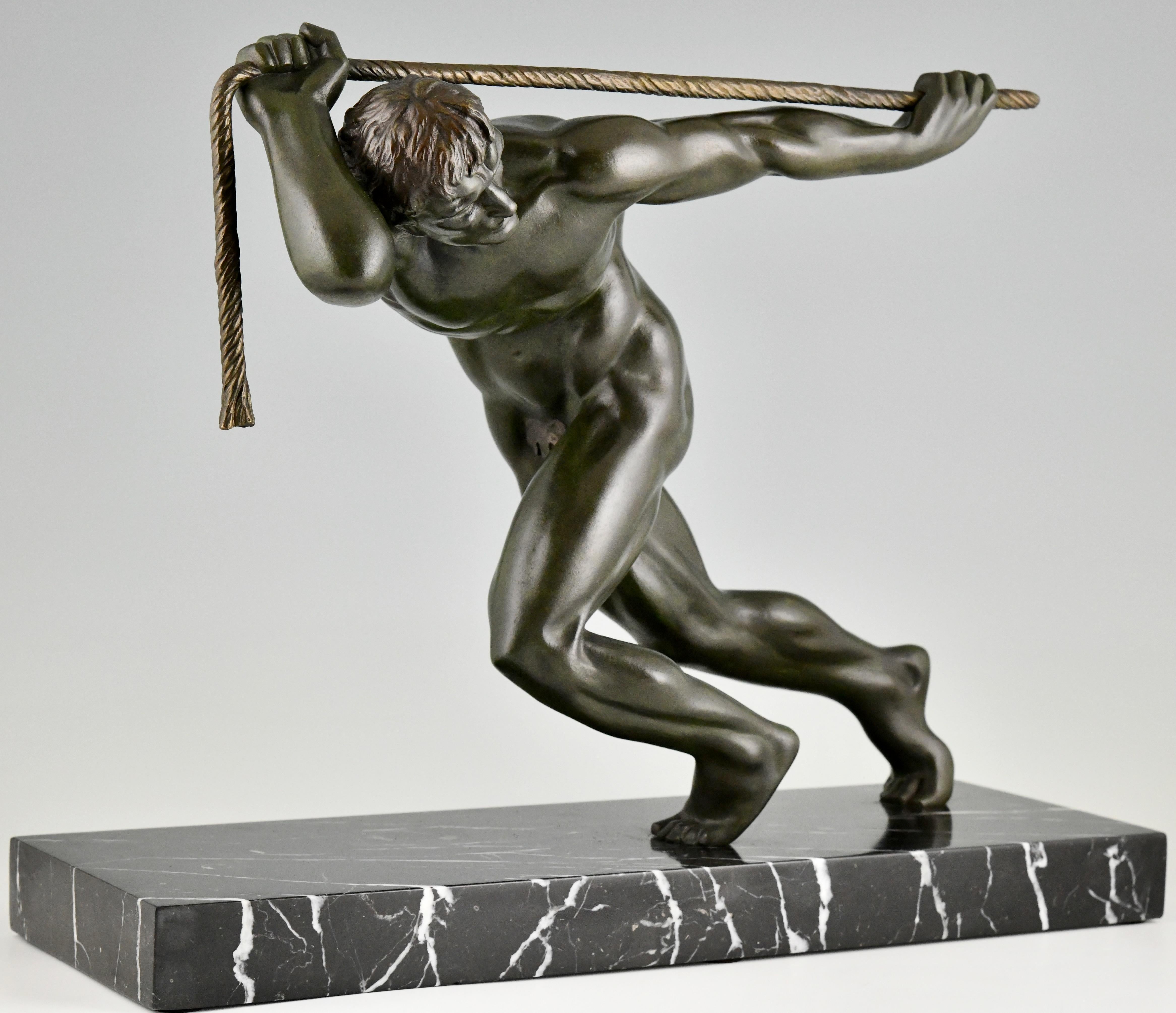 Art Deco Art deco bronze sculpture male nude athlete by Maurice Guiraud Rivière 1930 For Sale