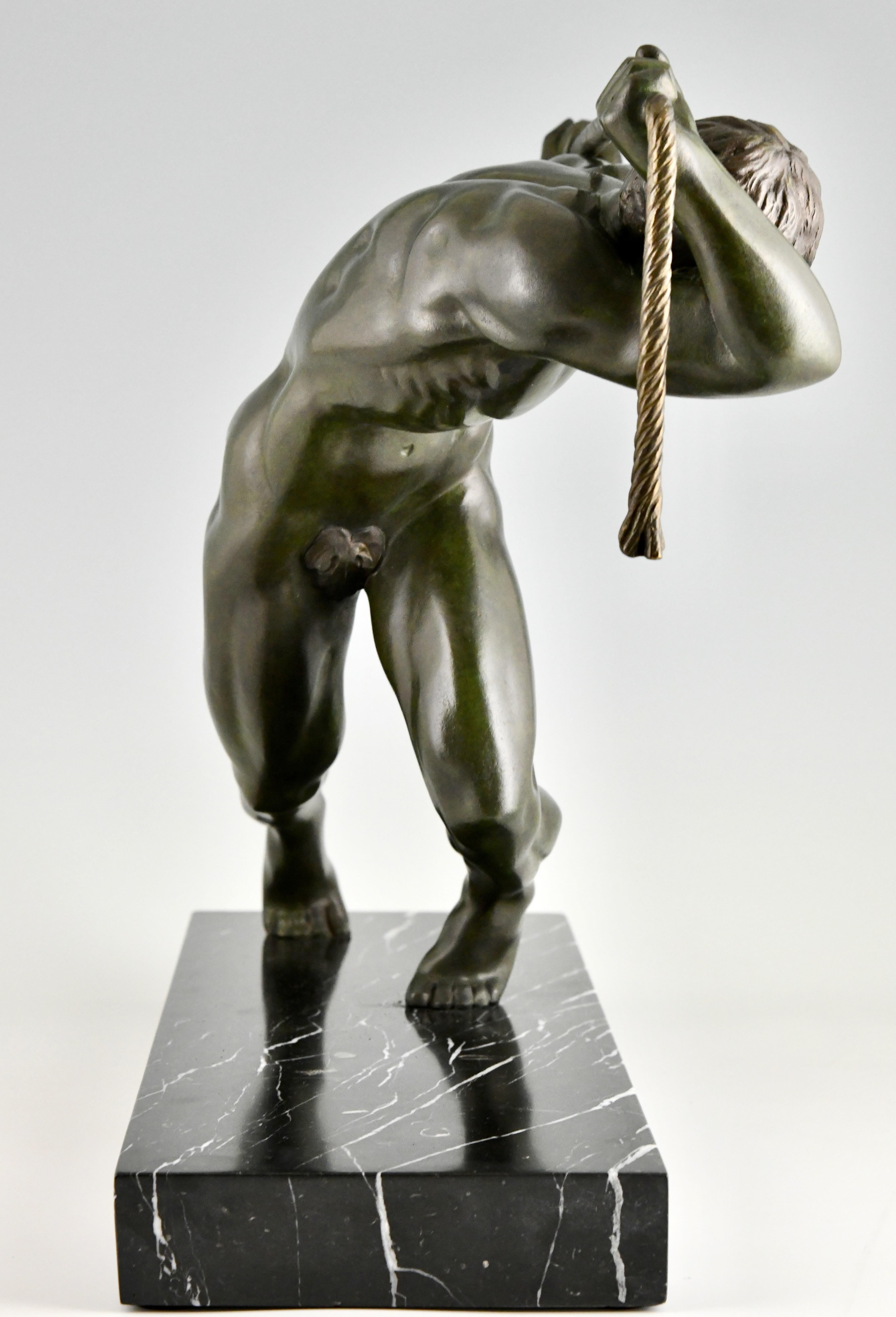 French Art deco bronze sculpture male nude athlete by Maurice Guiraud Rivière 1930 For Sale