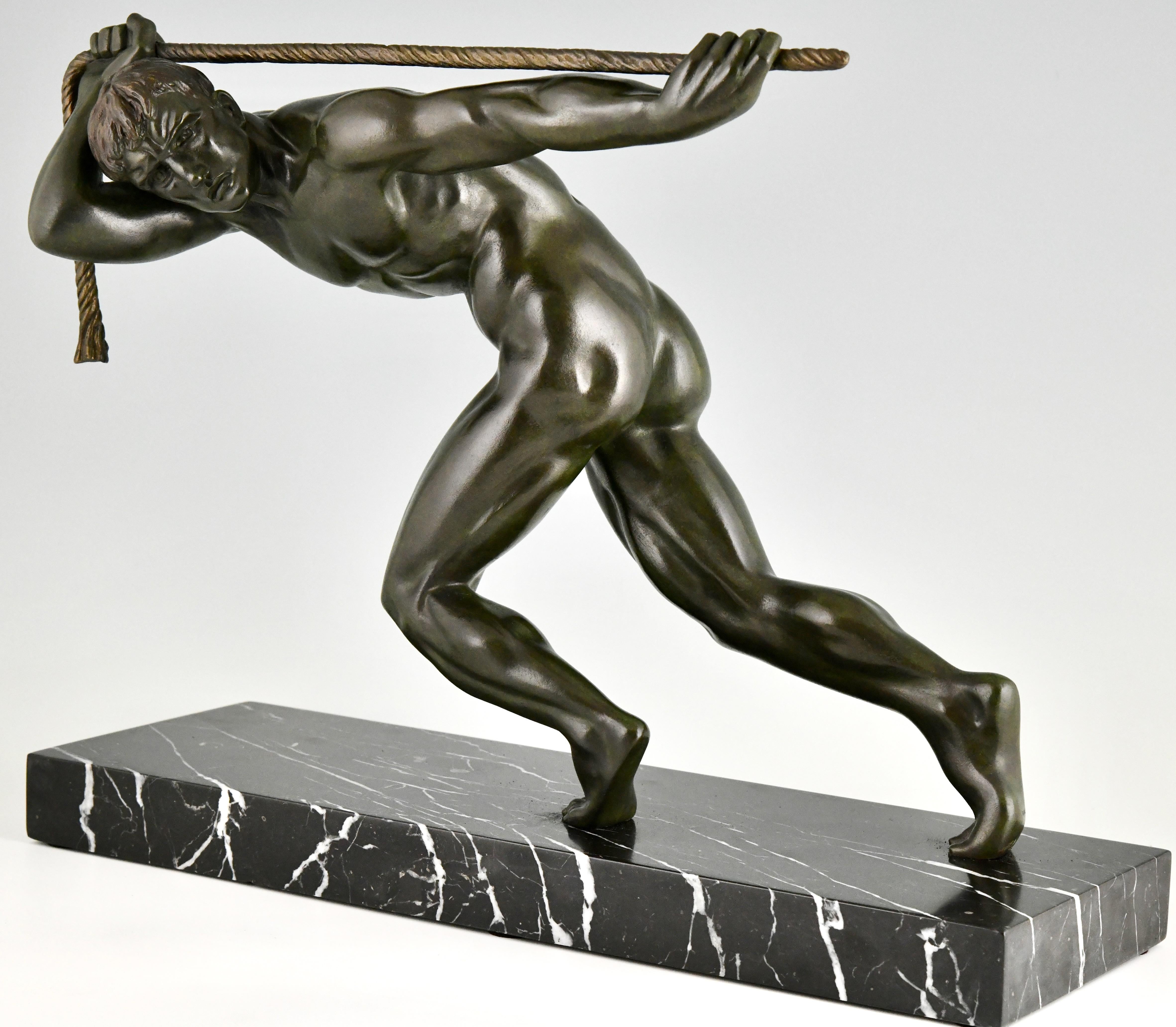 Art deco bronze sculpture male nude athlete by Maurice Guiraud Rivière 1930 For Sale 1