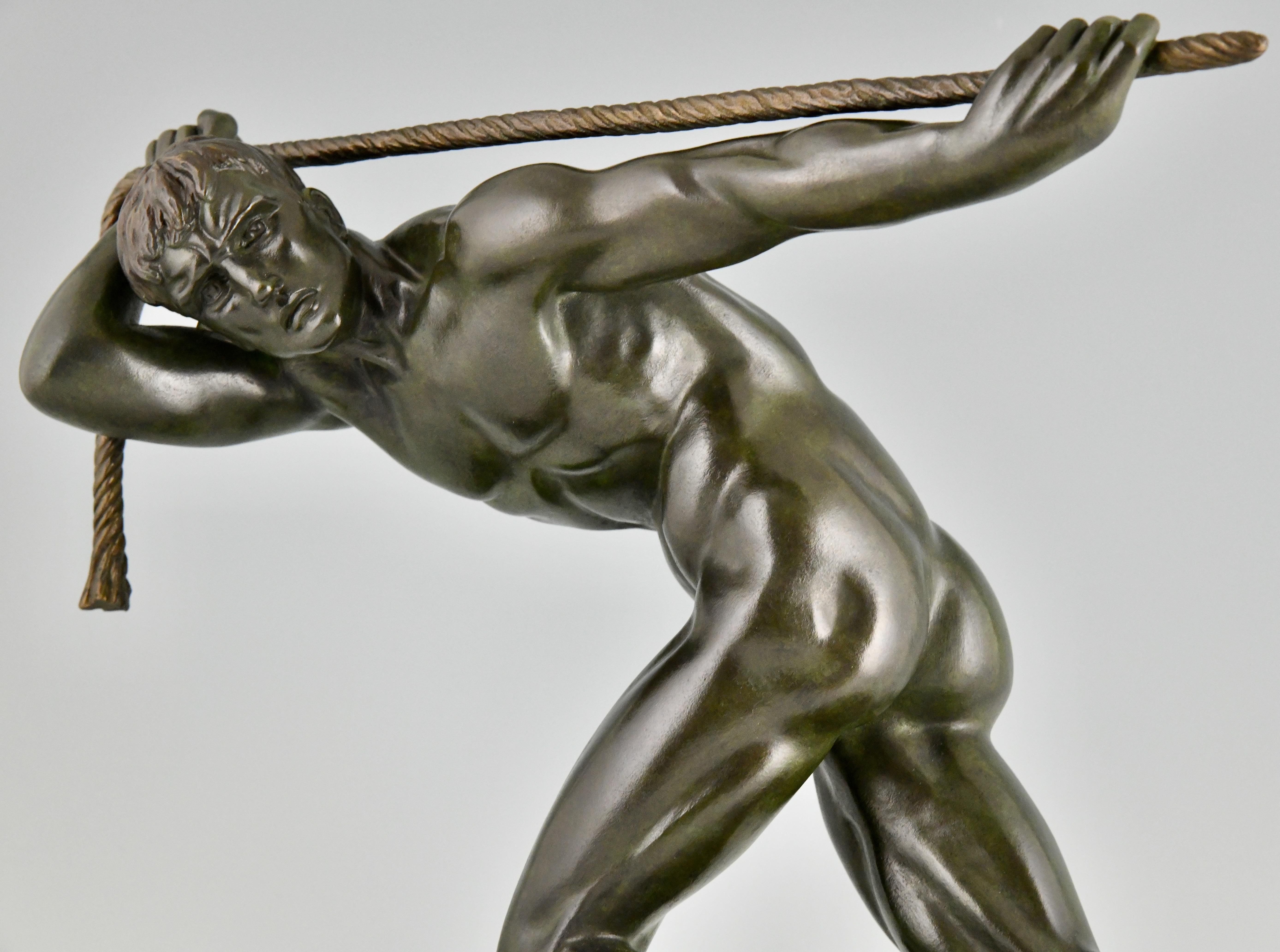 Art deco bronze sculpture male nude athlete by Maurice Guiraud Rivière 1930 For Sale 2