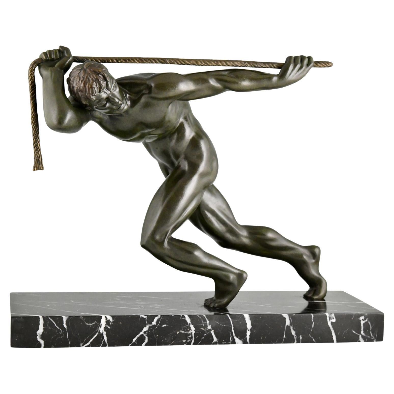 Escultura Art decó en bronce de atleta desnudo masculino de Maurice Guiraud-Rivière 1930