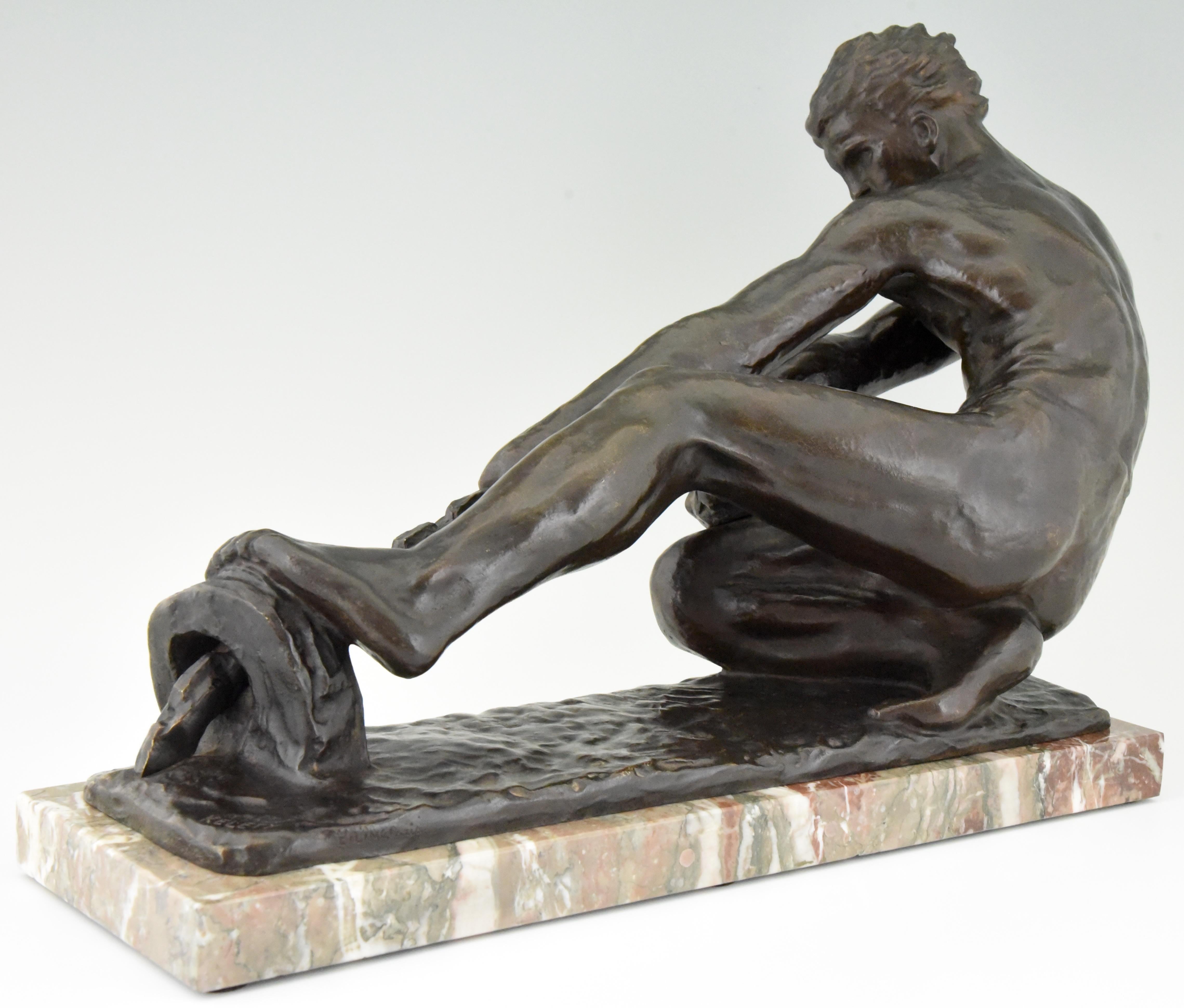 French Art Deco Bronze Sculpture Male Nude Pulling a Rope Alexandre Kelety France, 1930