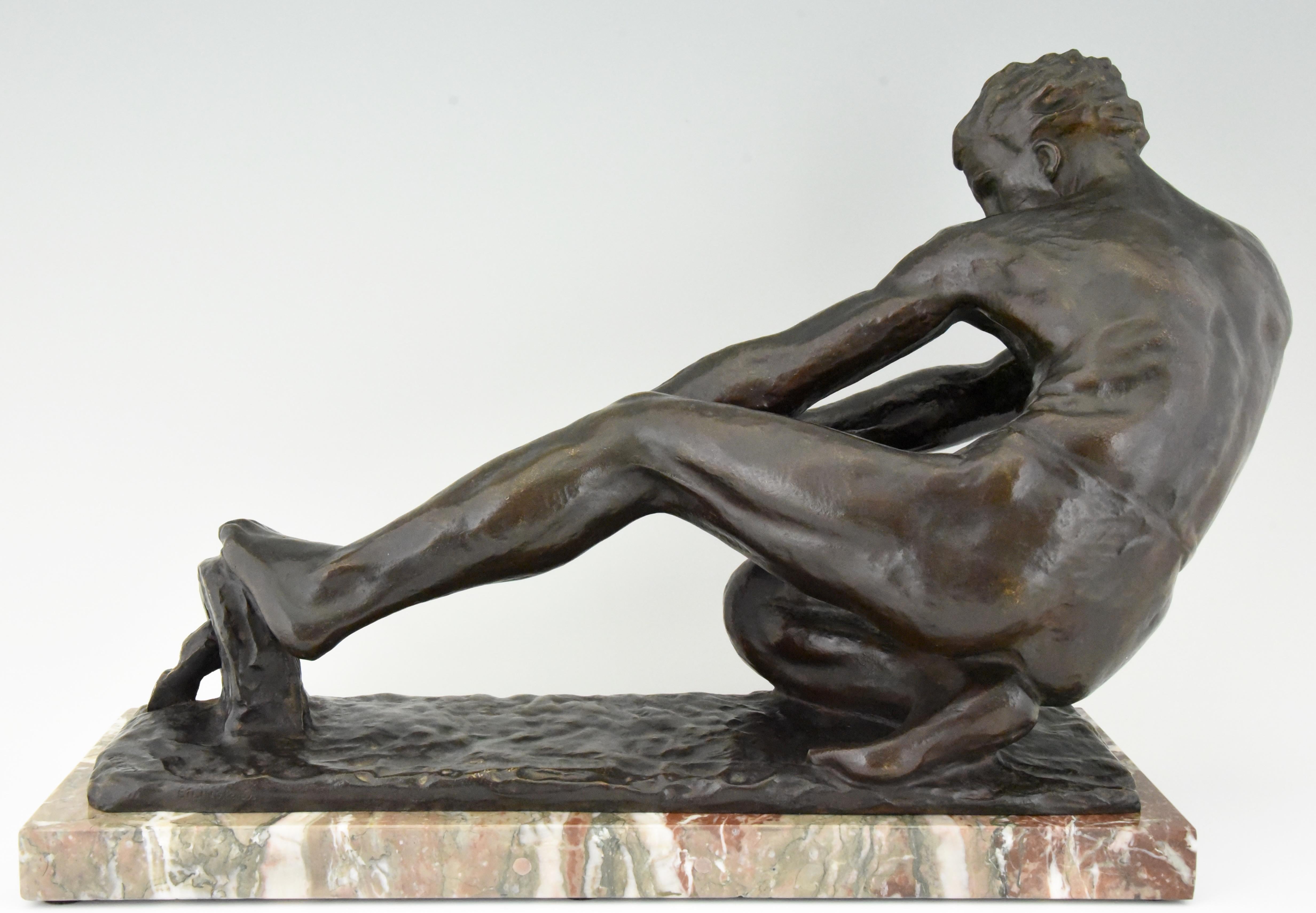 Art Deco Bronze Sculpture Male Nude Pulling a Rope Alexandre Kelety France, 1930 In Good Condition In Antwerp, BE