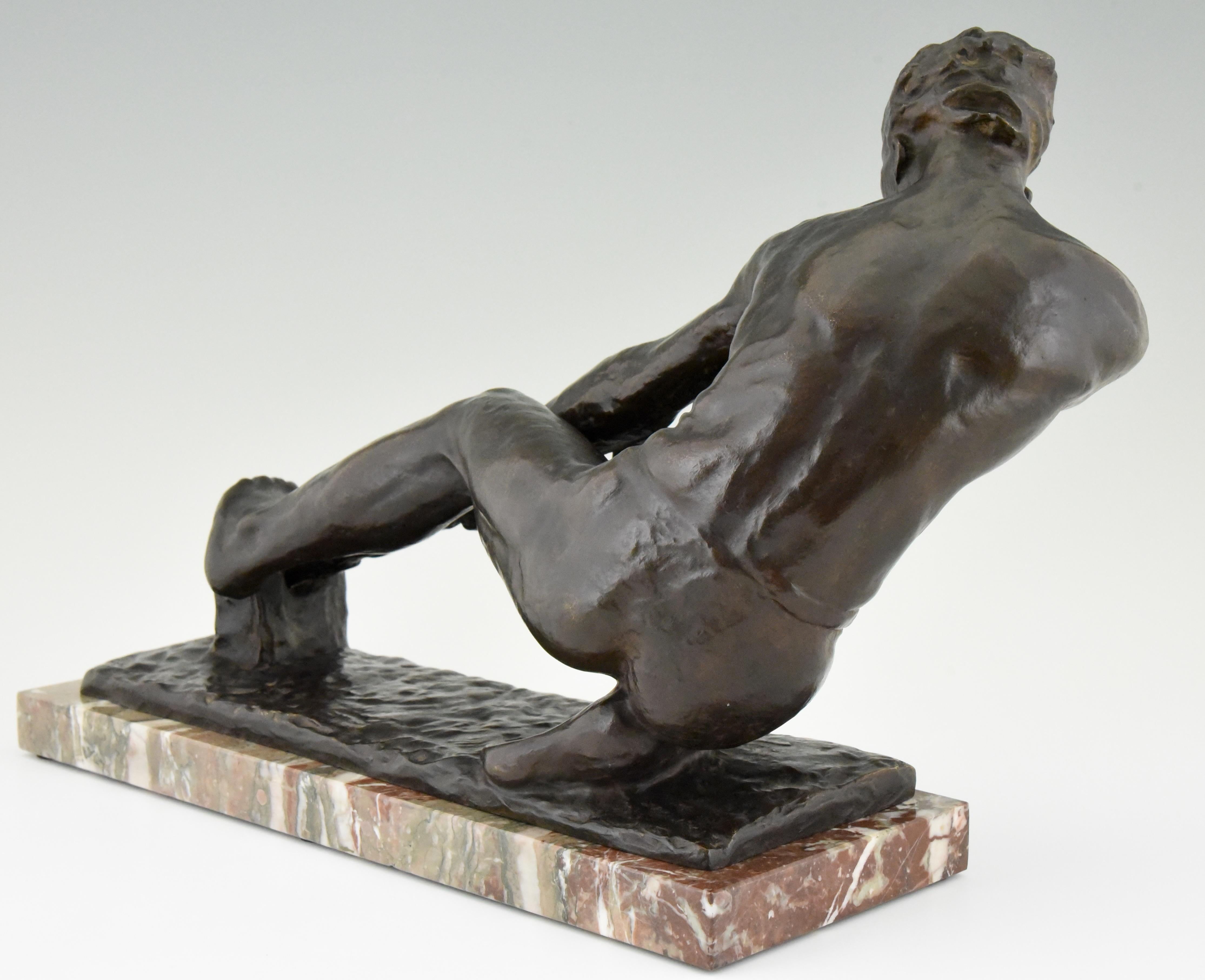 20th Century Art Deco Bronze Sculpture Male Nude Pulling a Rope Alexandre Kelety France, 1930