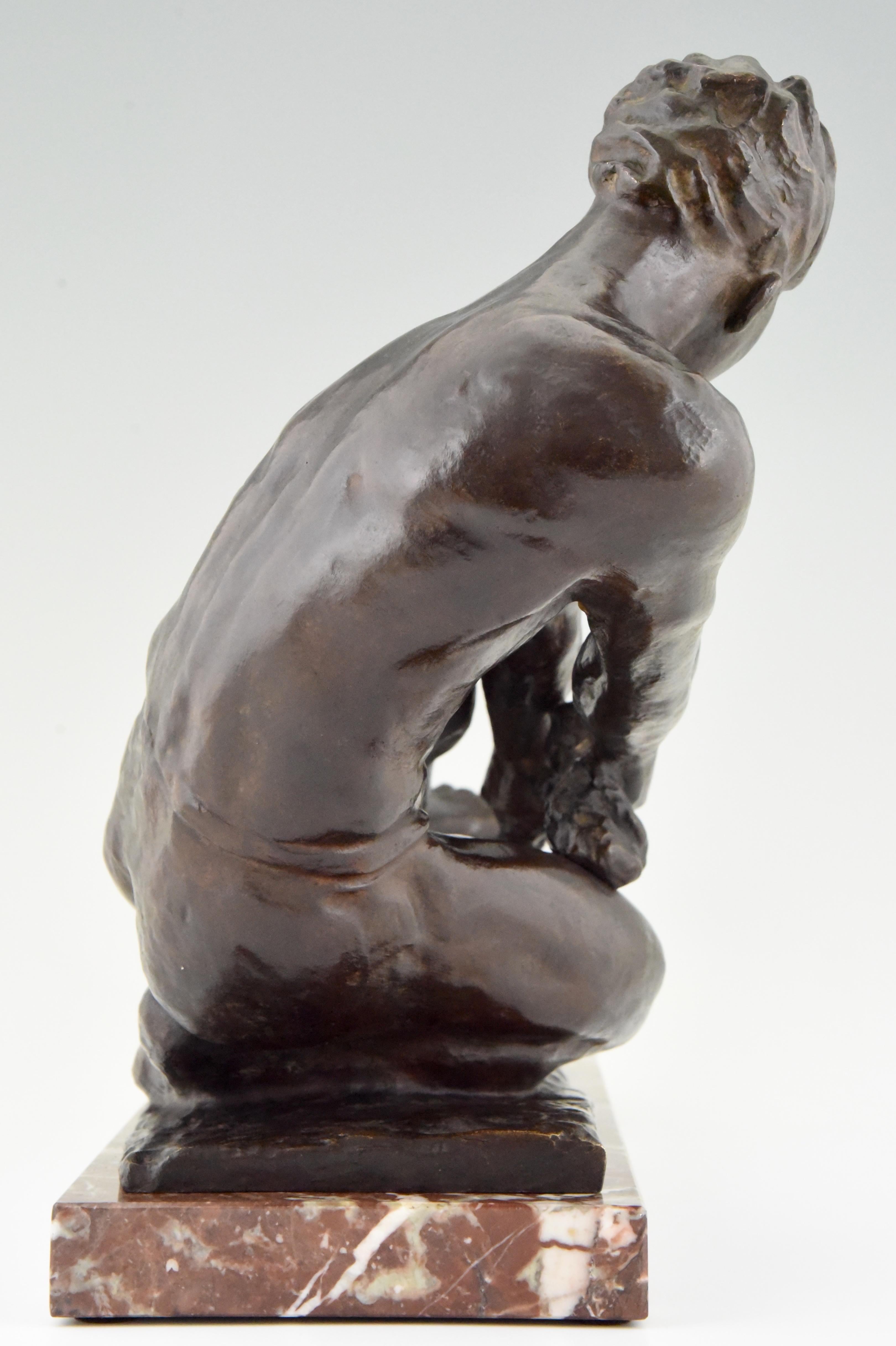 Art Deco Bronze Sculpture Male Nude Pulling a Rope Alexandre Kelety France, 1930 1