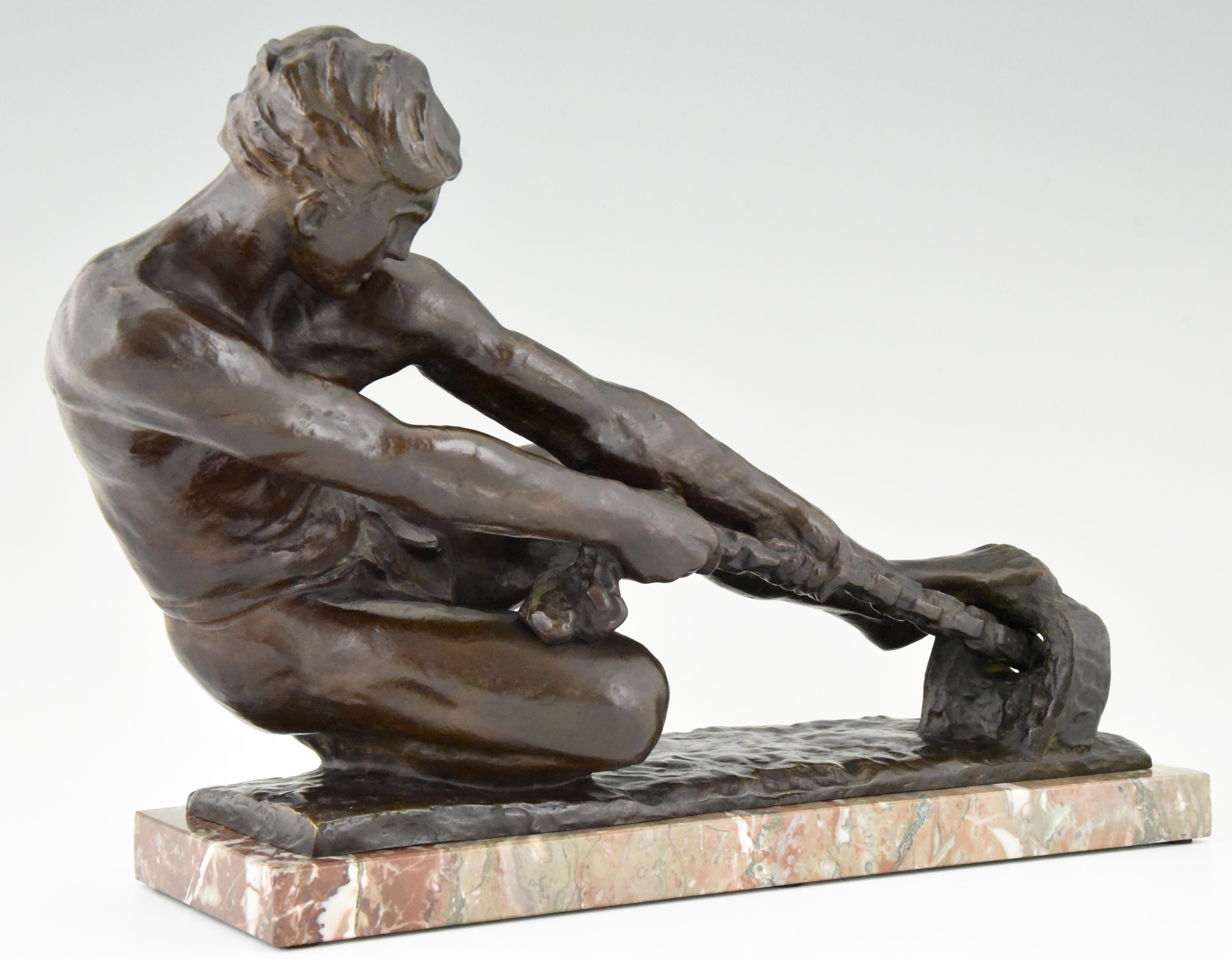 Art Deco Bronze Sculpture Male Nude Pulling a Rope Alexandre Kelety France, 1930 2