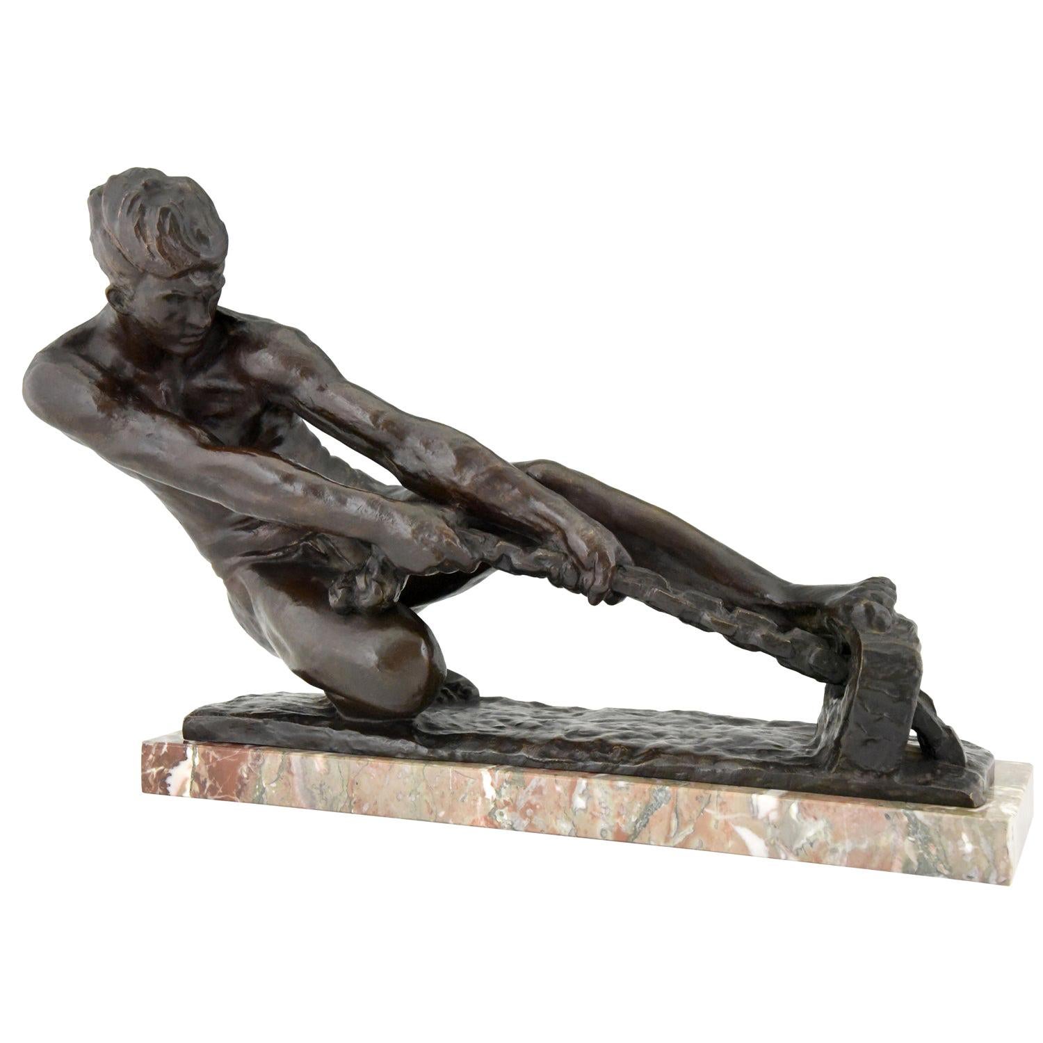 Art Deco Bronze Sculpture Male Nude Pulling a Rope Alexandre Kelety France, 1930