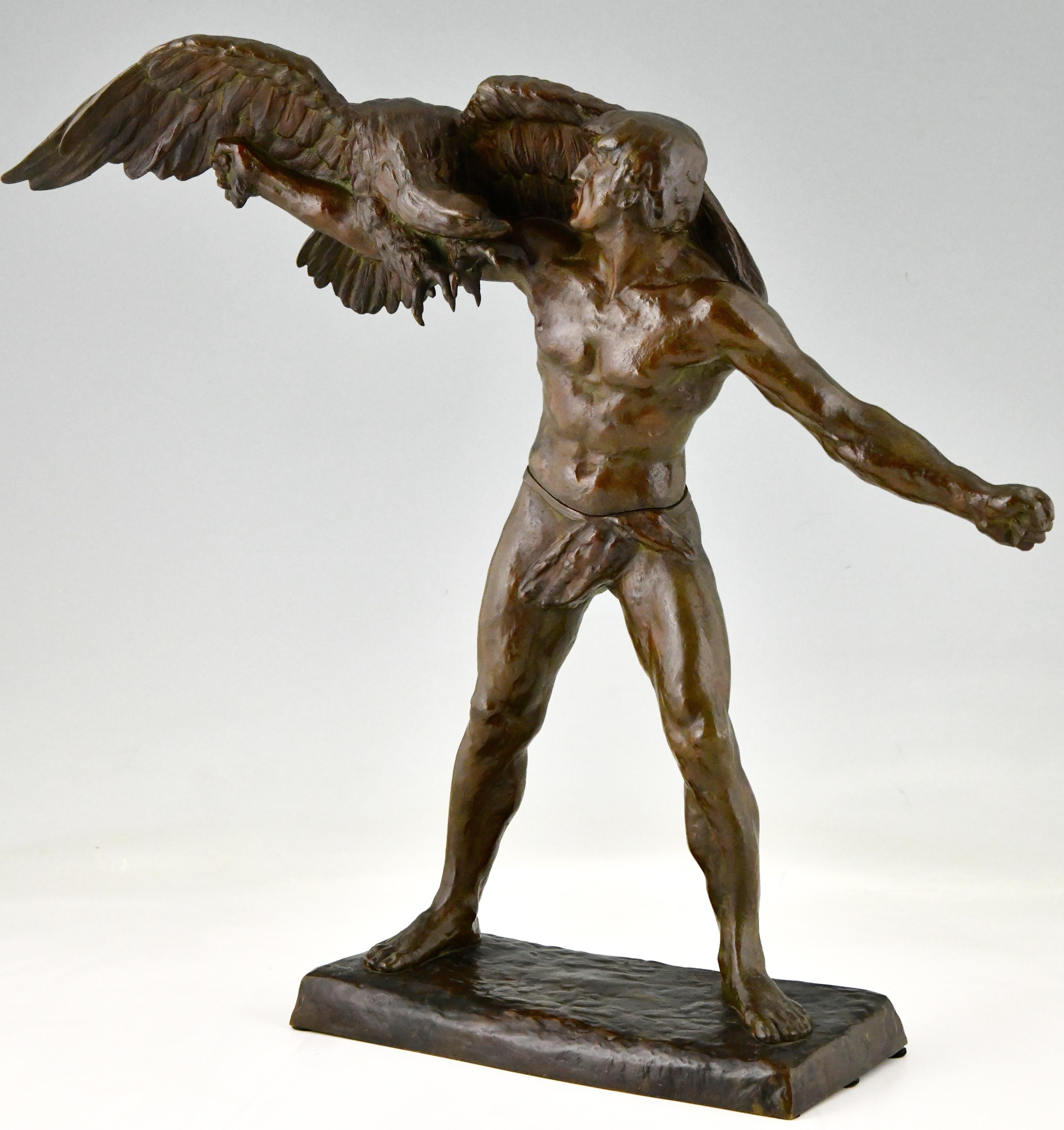 Art Deco bronze sculpture man with eagle signed by Georges Gory. Bronze with rich green-brown patina. France ca. 1930. 
Cast in two parts.