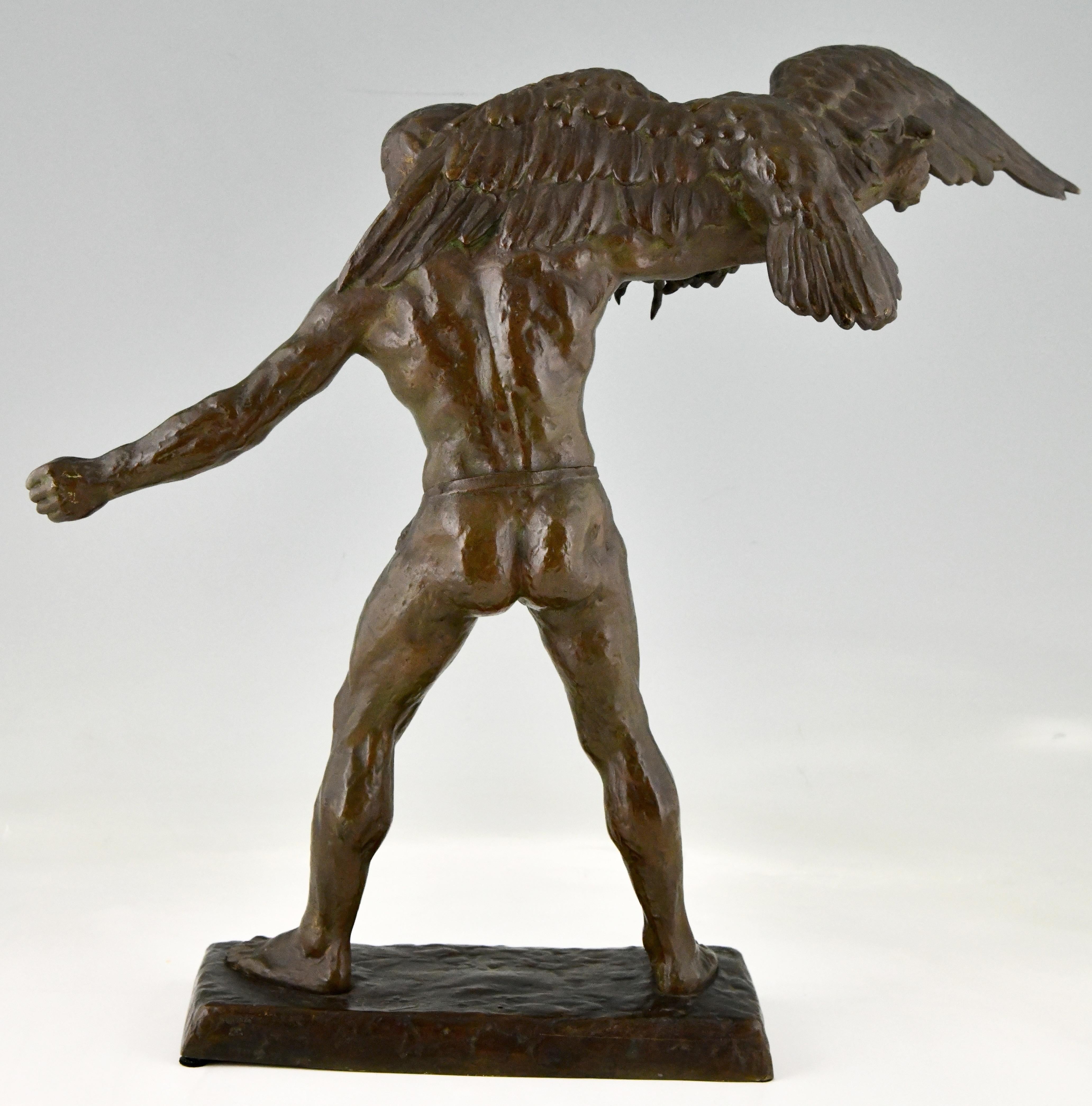 Patinated Art Deco Bronze Sculpture Man with Eagle Signed by Georges Gory, France, 1930