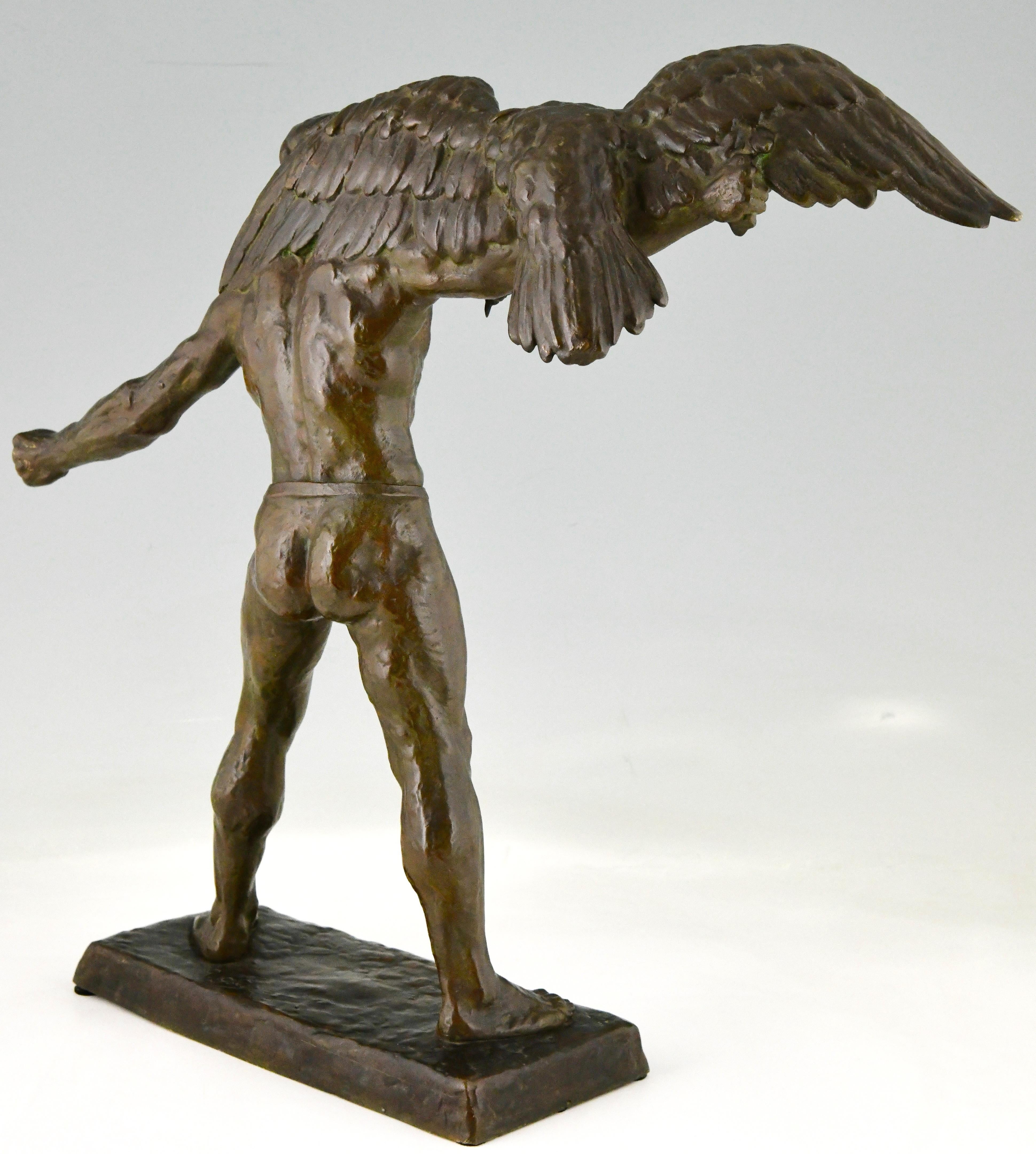 Art Deco Bronze Sculpture Man with Eagle Signed by Georges Gory, France, 1930 In Good Condition In Antwerp, BE