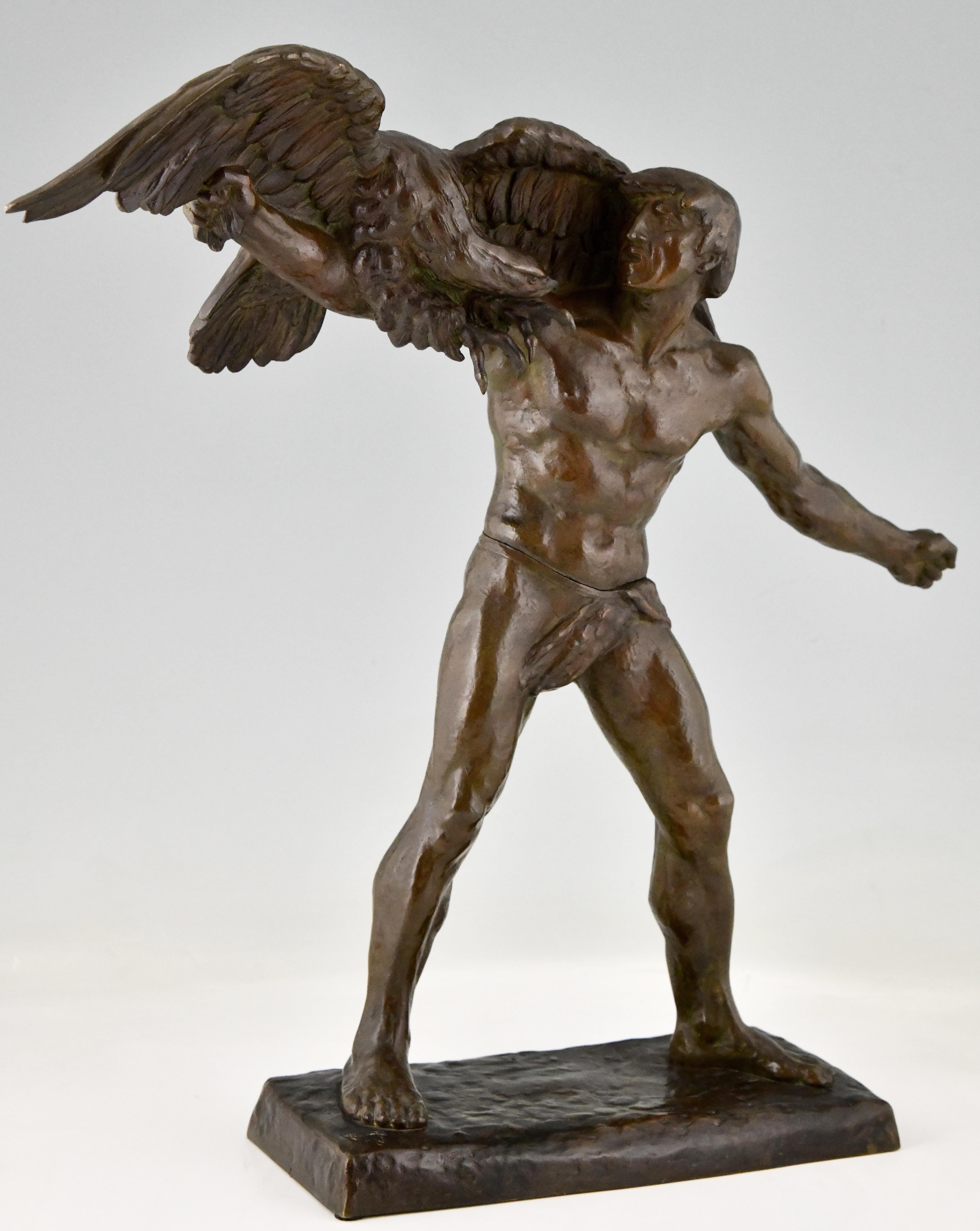 Art Deco Bronze Sculpture Man with Eagle Signed by Georges Gory, France, 1930 1