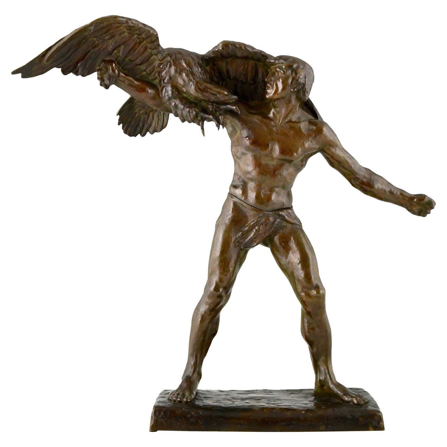 Art Deco Bronze Sculpture Man with Eagle Signed by Georges Gory, France, 1930