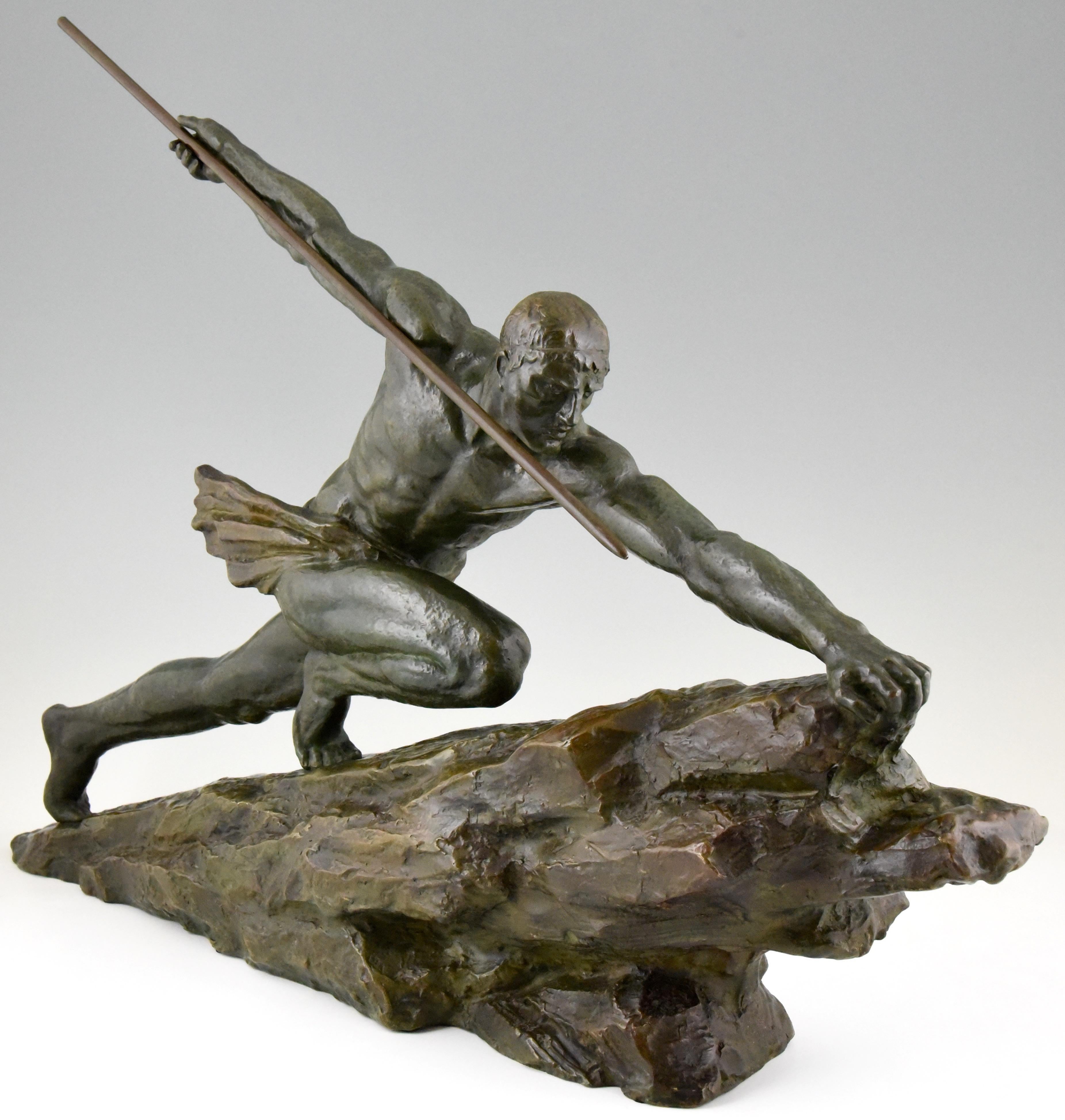 French Art Deco Bronze Sculpture Man with Spear Pierre Le Faguays France  1927