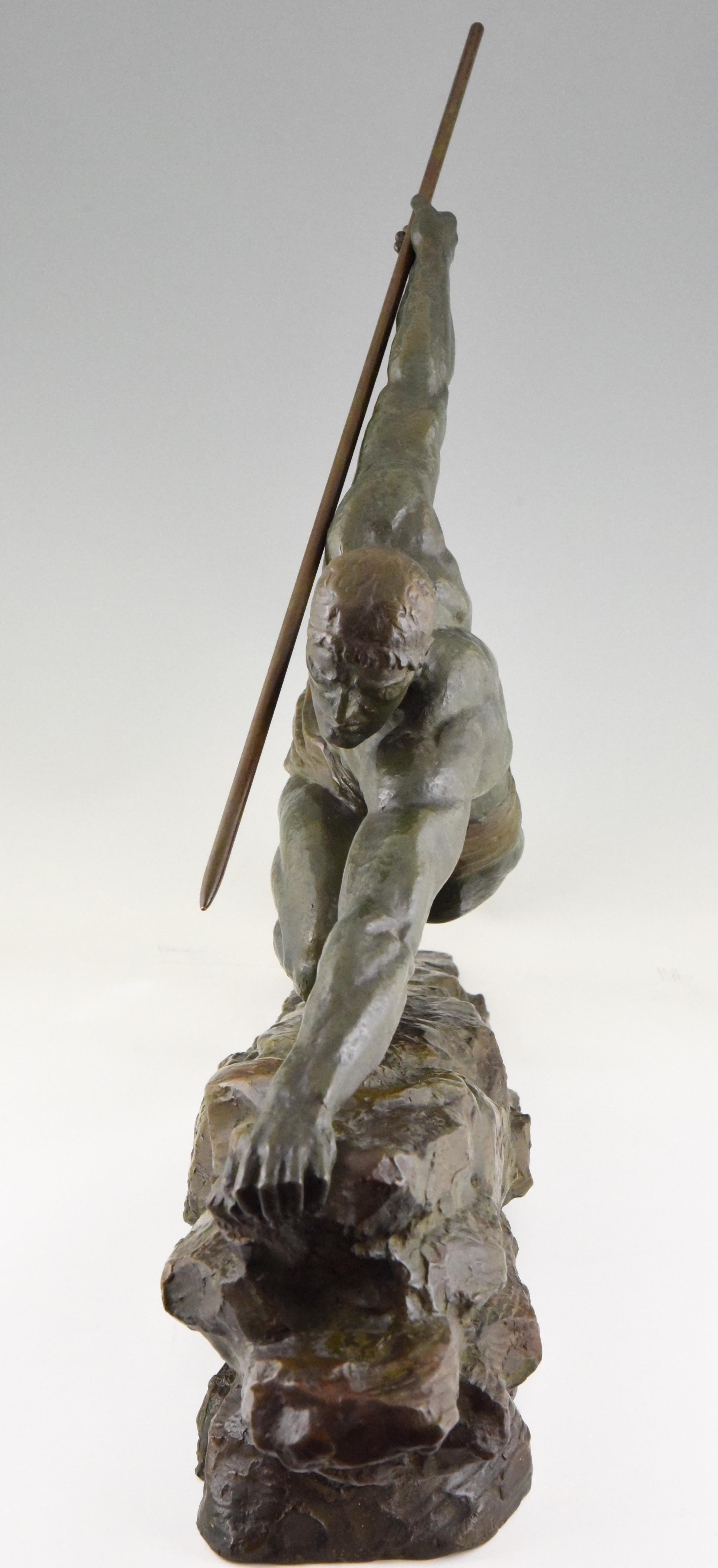 Patinated Art Deco Bronze Sculpture Man with Spear Pierre Le Faguays France  1927