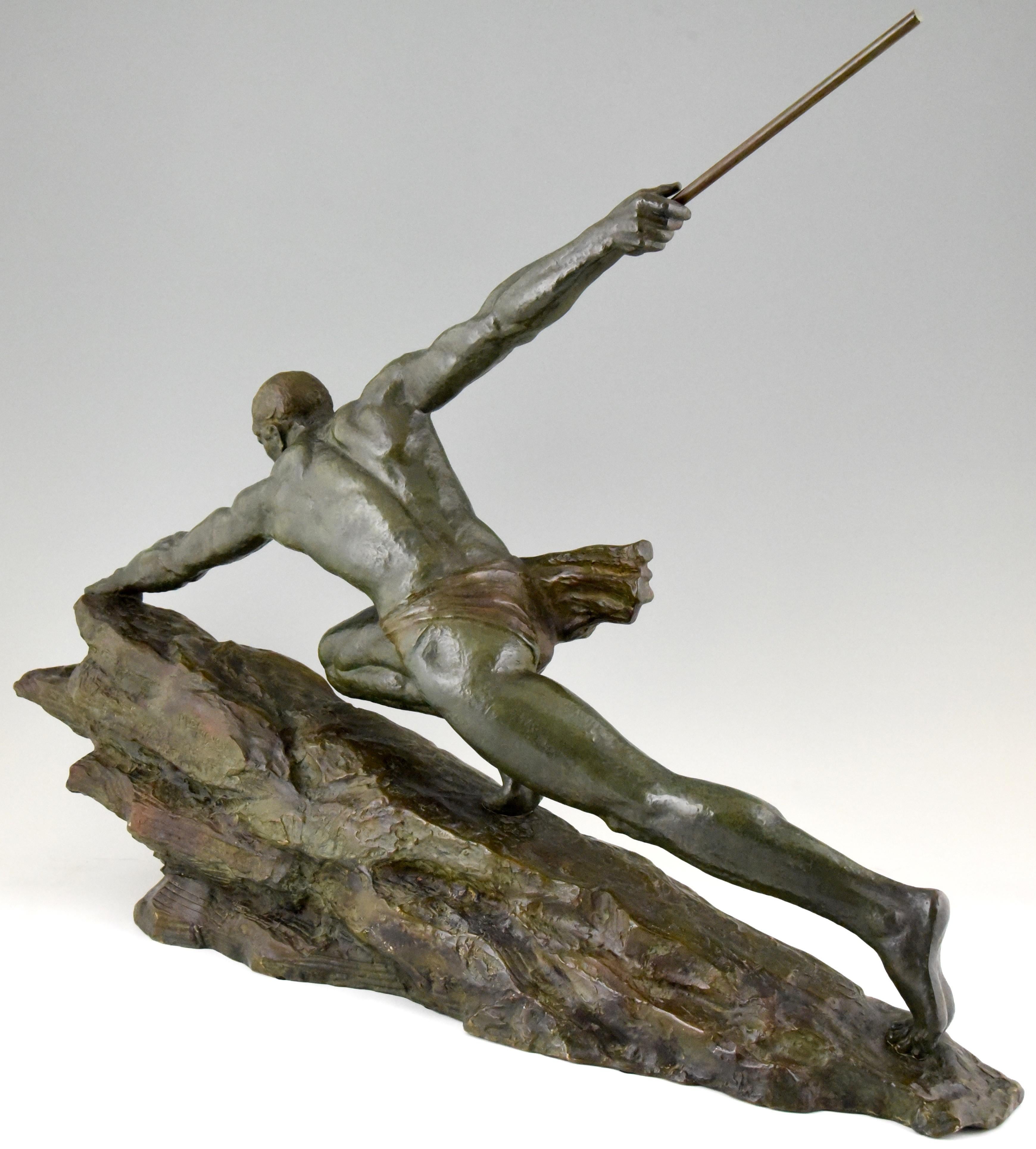 Art Deco Bronze Sculpture Homme avec lance Pierre Le Faguays France  1927 1