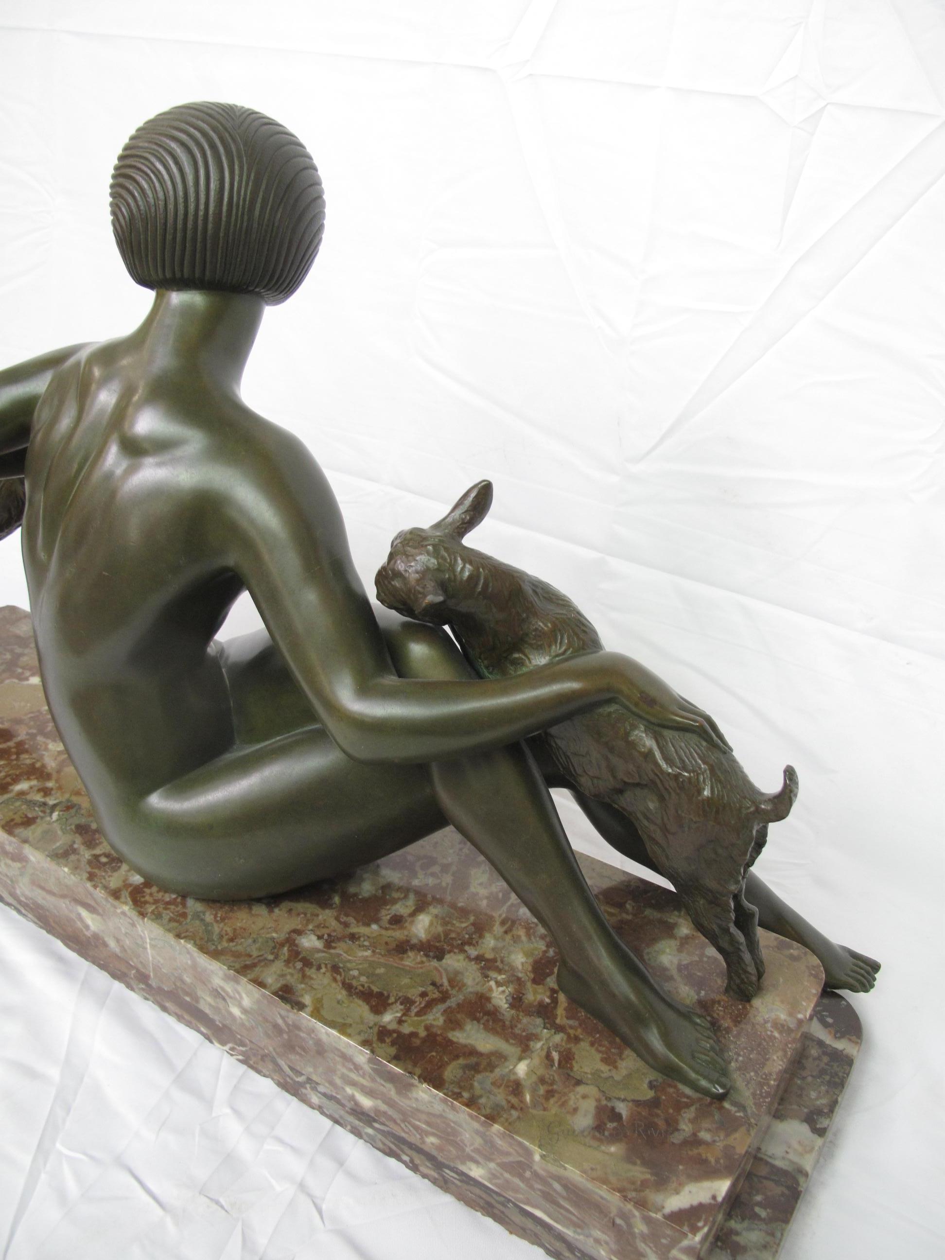 Art Deco Bronze Sculpture, Maurice Guiraud Riviere, Nude Woman with Kid Goats For Sale 5